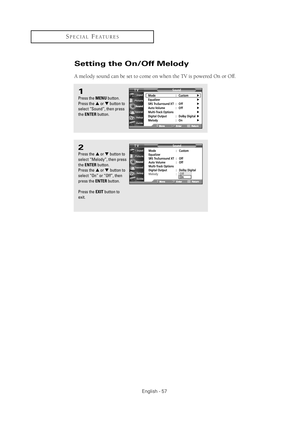 Samsung HC-P5256W manual Setting the On/Off Melody 