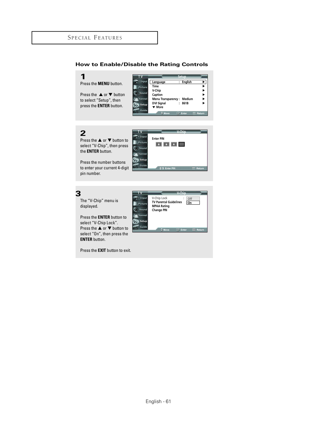 Samsung HC-P5256W manual How to Enable/Disable the Rating Controls 