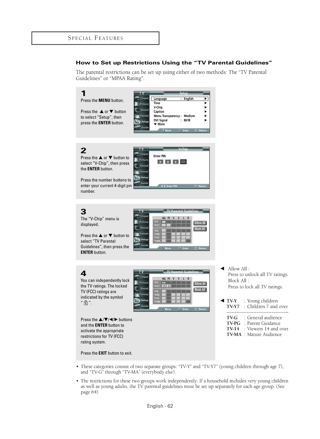 Samsung HC-P5256W manual How to Set up Restrictions Using the TV Parental Guidelines 