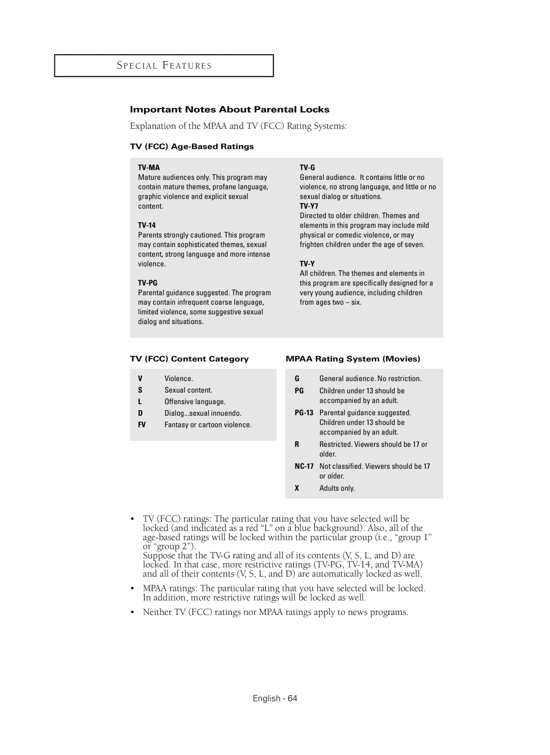 Samsung HC-P5256W manual Explanation of the Mpaa and TV FCC Rating Systems, Important Notes About Parental Locks 