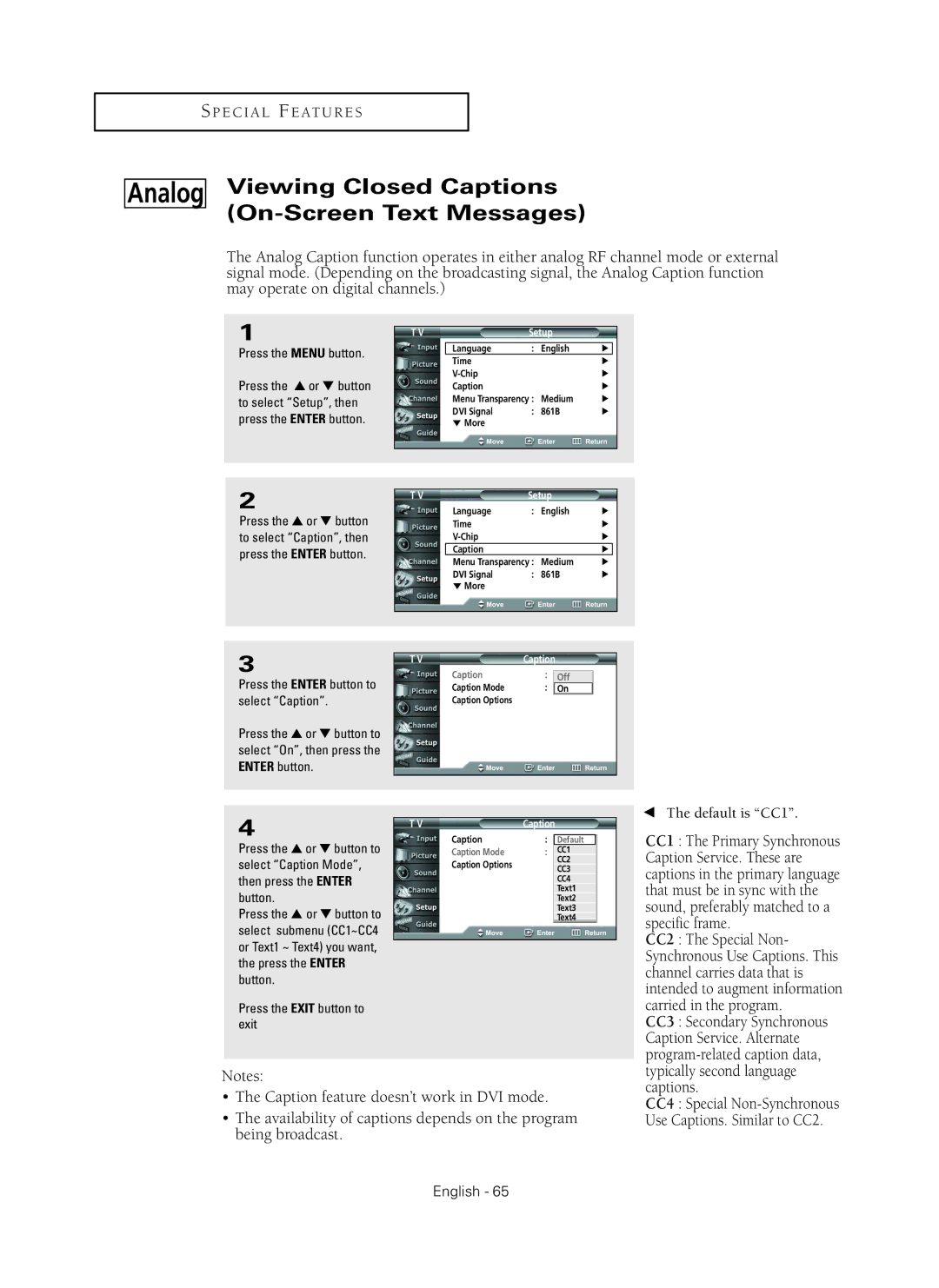 Samsung HC-P5256W manual Viewing Closed Captions On-Screen Text Messages, Default is CC1 