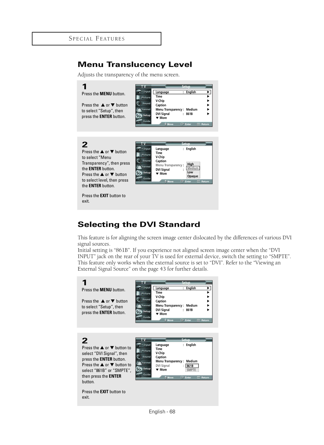 Samsung HC-P5256W manual Menu Translucency Level, Selecting the DVI Standard 