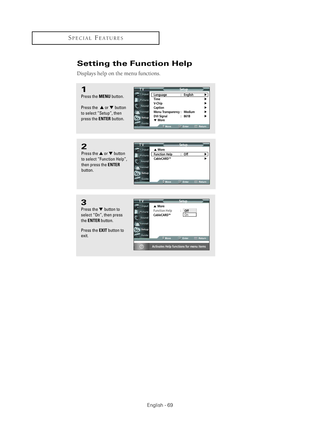 Samsung HC-P5256W manual Setting the Function Help, Displays help on the menu functions 