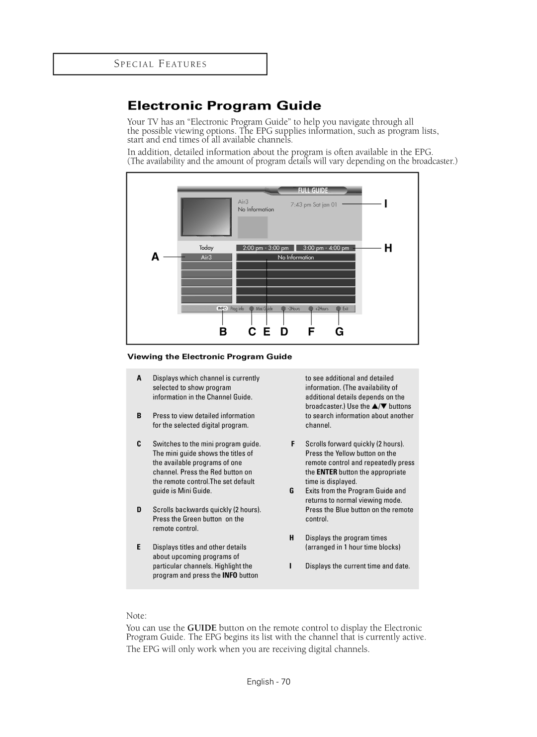 Samsung HC-P5256W manual Electronic Program Guide, Displays the current time and date 