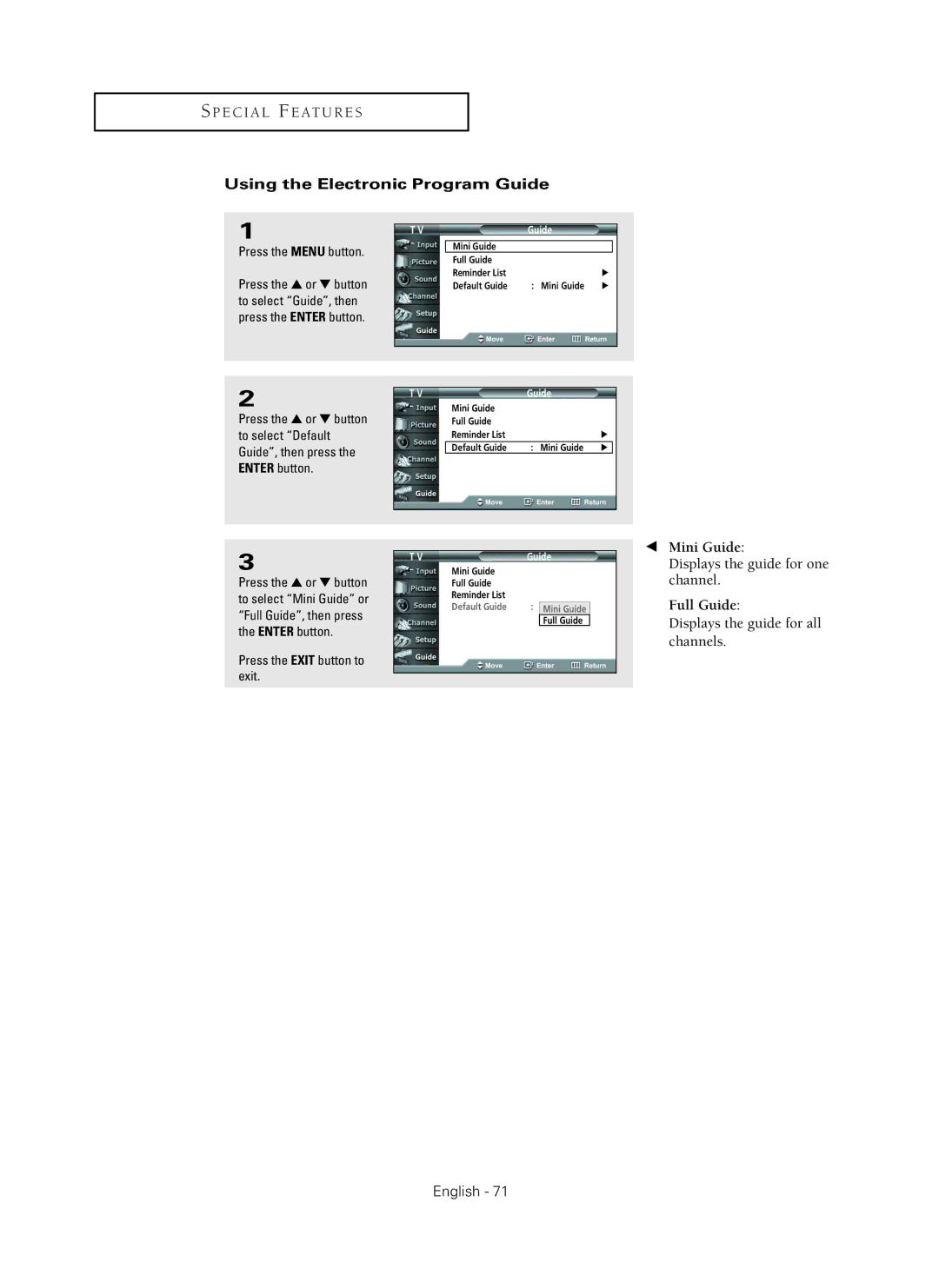 Samsung HC-P5256W Using the Electronic Program Guide, Press the or button, To select Guide, then Press the Enter button 