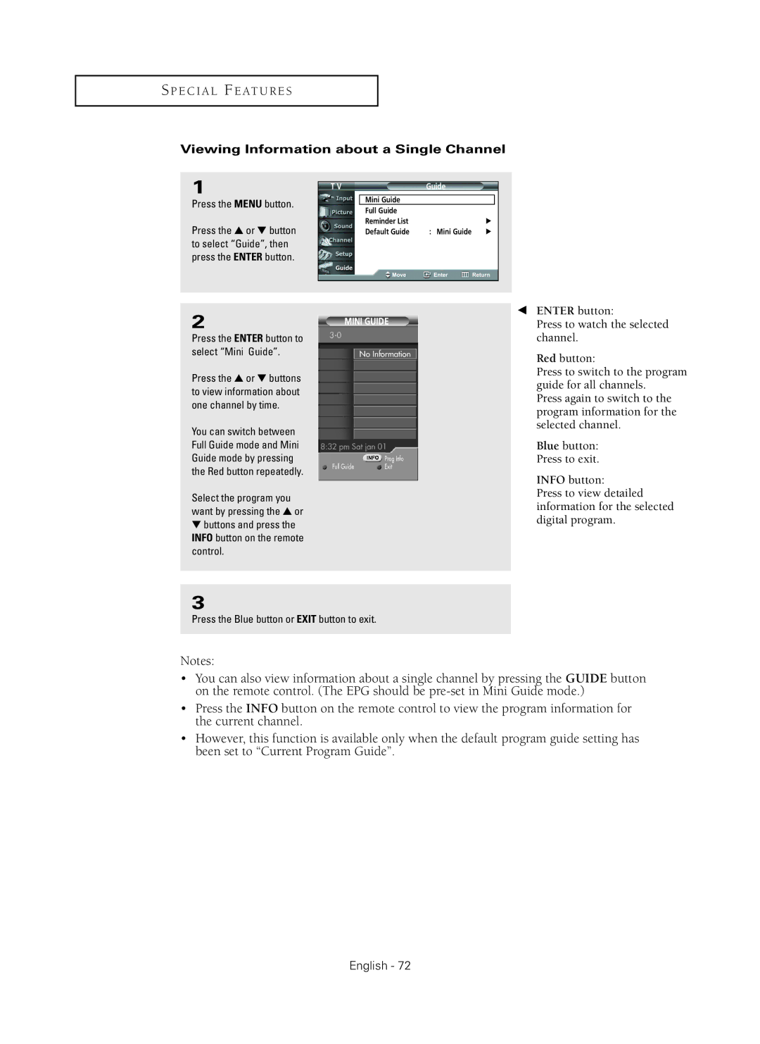 Samsung HC-P5256W Viewing Information about a Single Channel, Buttons and press the Info button on the remote control 