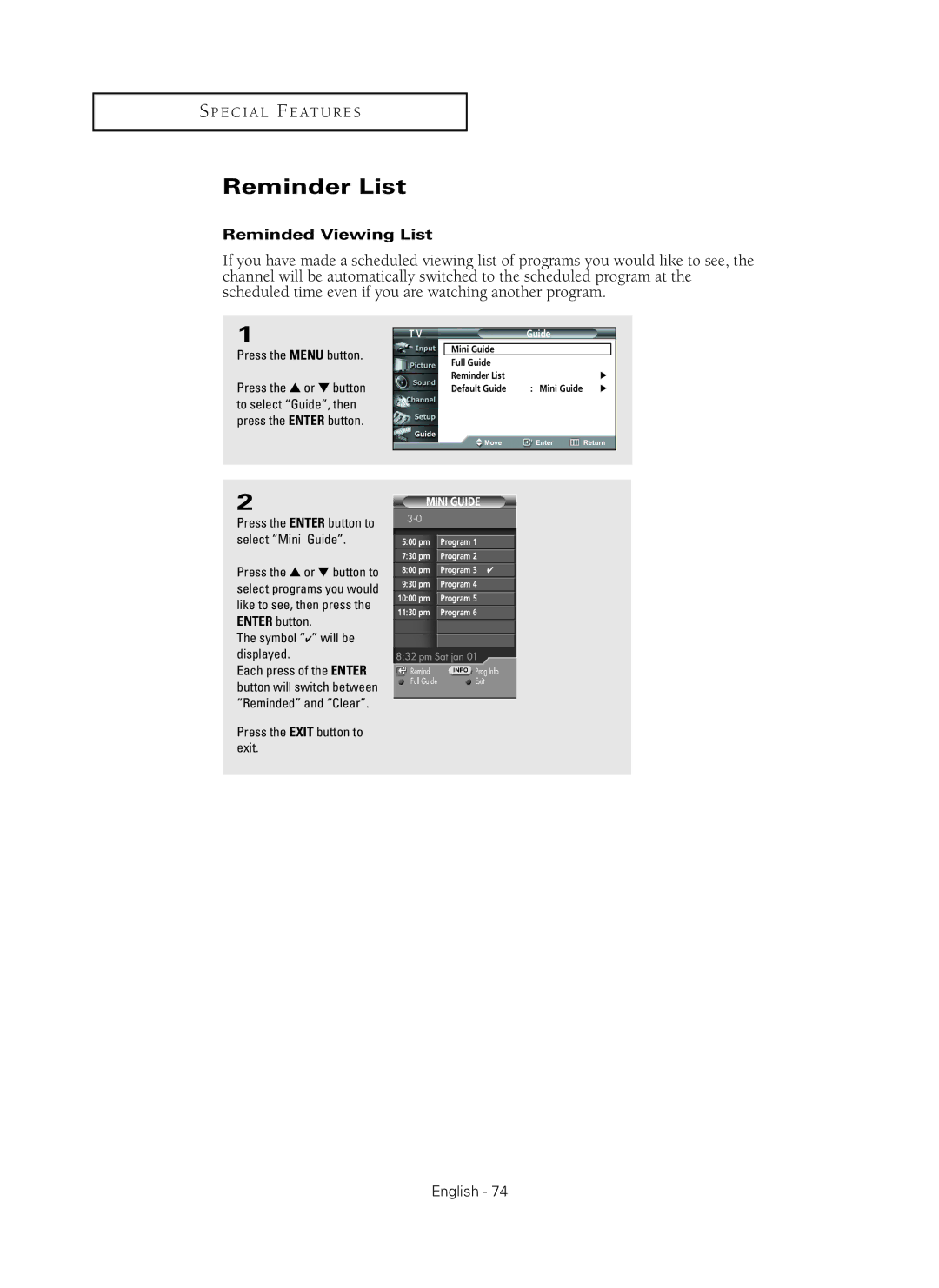 Samsung HC-P5256W manual Reminder List, Reminded Viewing List, Symbol will be displayed 