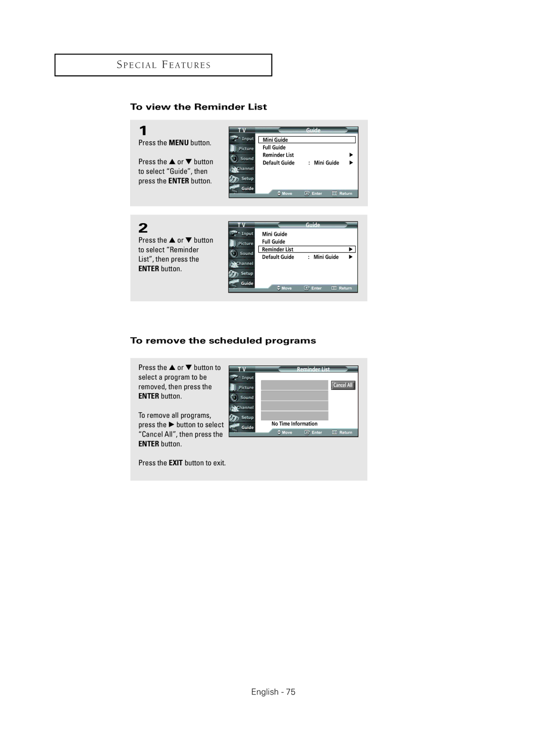 Samsung HC-P5256W manual To view the Reminder List, To remove the scheduled programs 