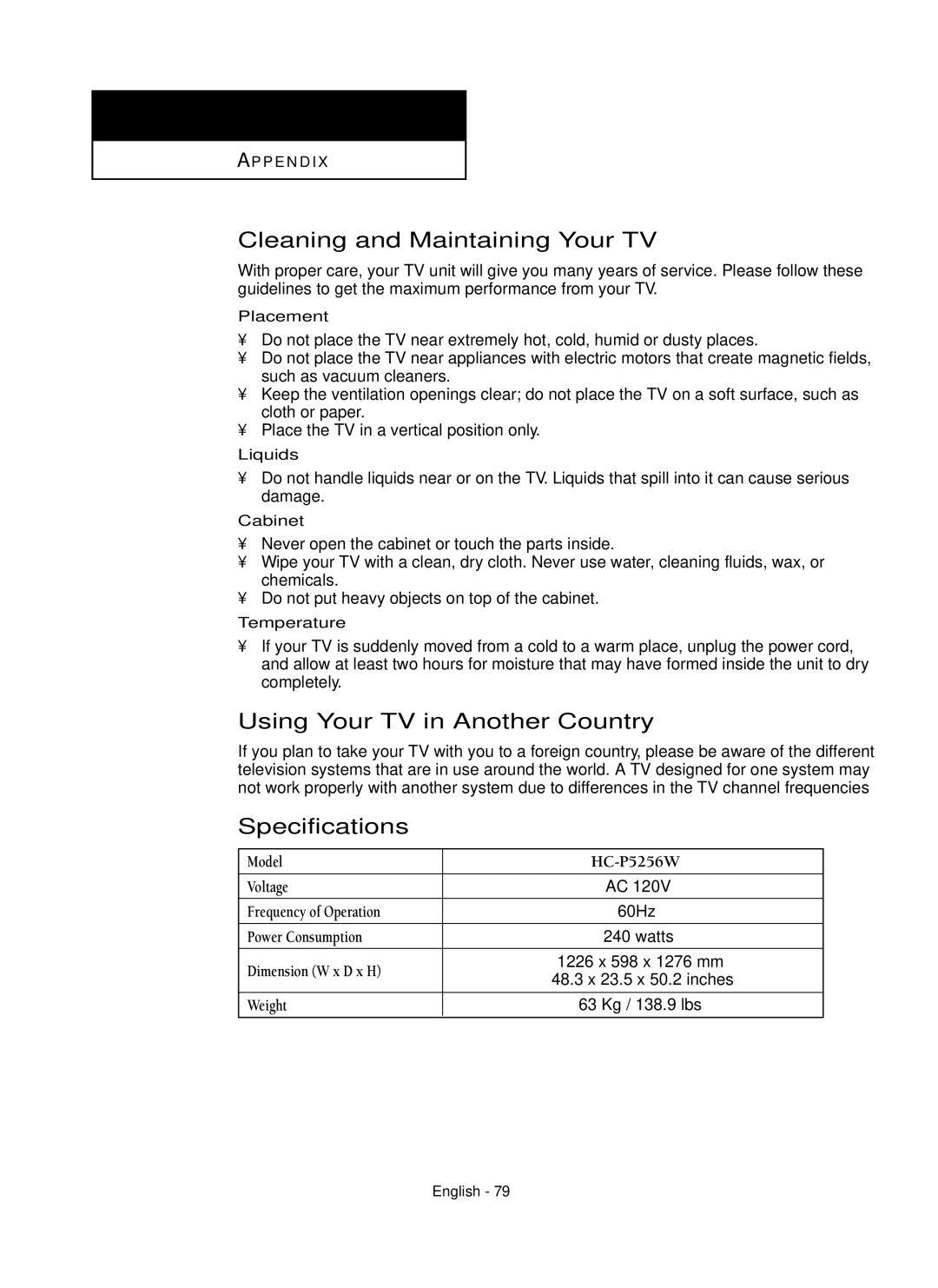 Samsung HC-P5256W manual Cleaning and Maintaining Your TV, Using Your TV in Another Country, Specifications 