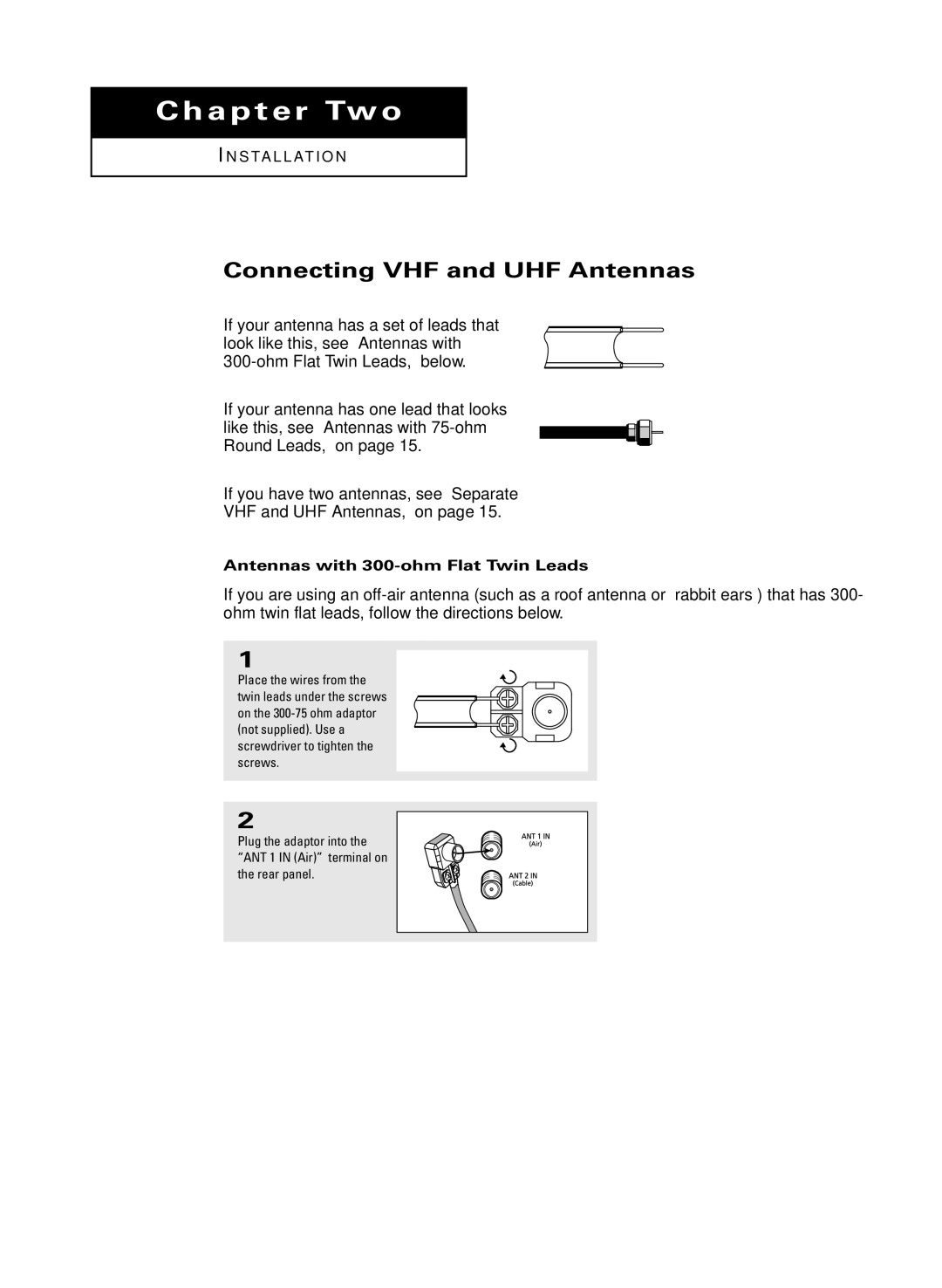 Samsung HC-R4245W manual Connecting VHF and UHF Antennas, Antennas with 300-ohm Flat Twin Leads 