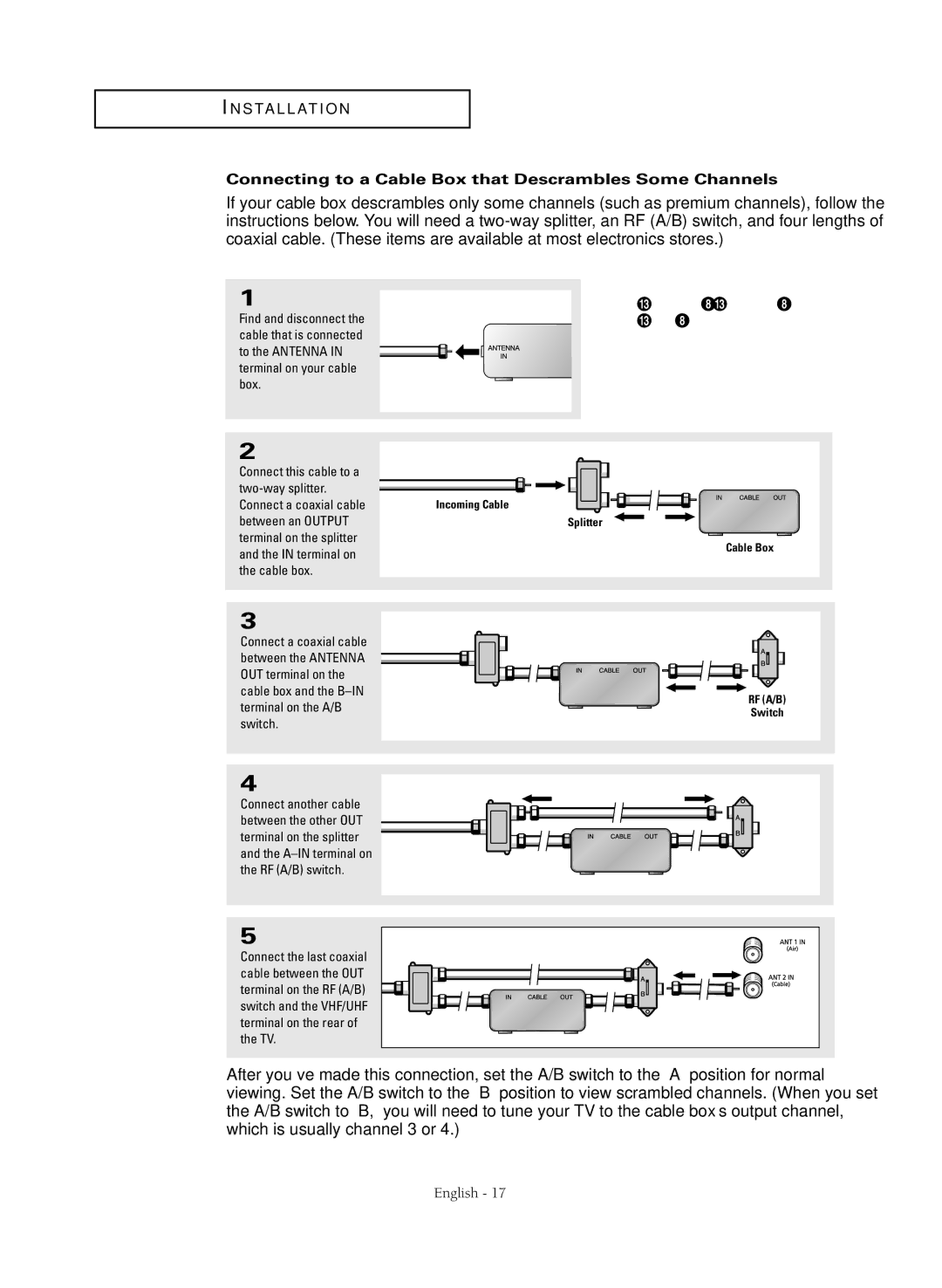 Samsung HC-R4245W manual Connecting to a Cable Box that Descrambles Some Channels, Between an Output 