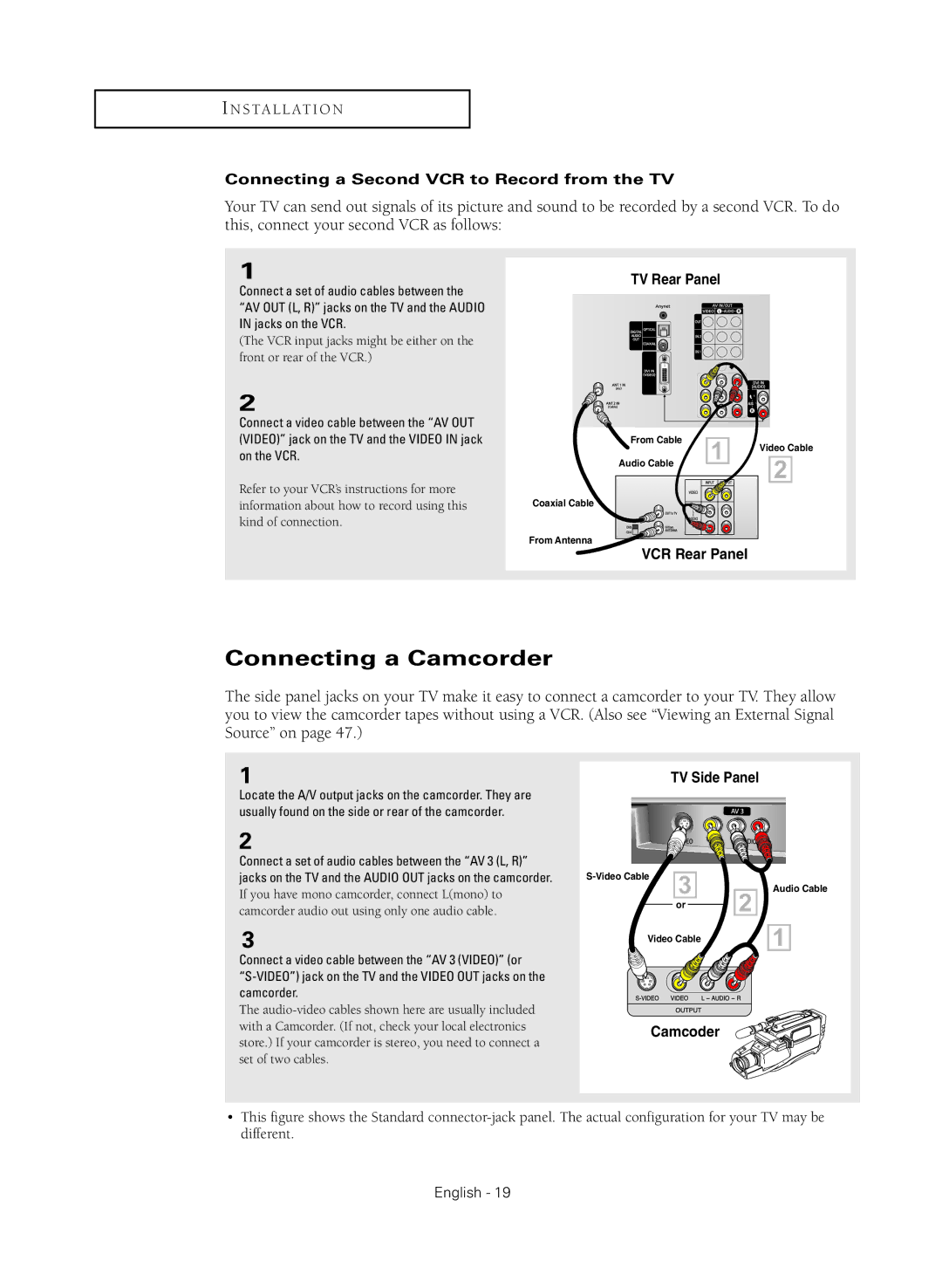 Samsung HC-R4245W manual Connecting a Camcorder, Connecting a Second VCR to Record from the TV 