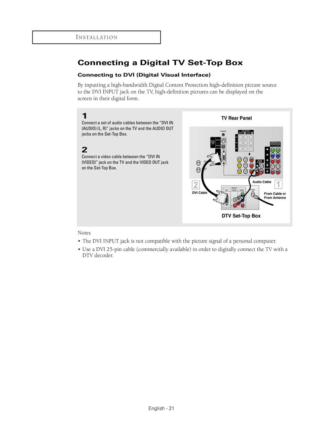 Samsung HC-R4245W manual Connecting a Digital TV Set-Top Box, Connecting to DVI Digital Visual Interface 