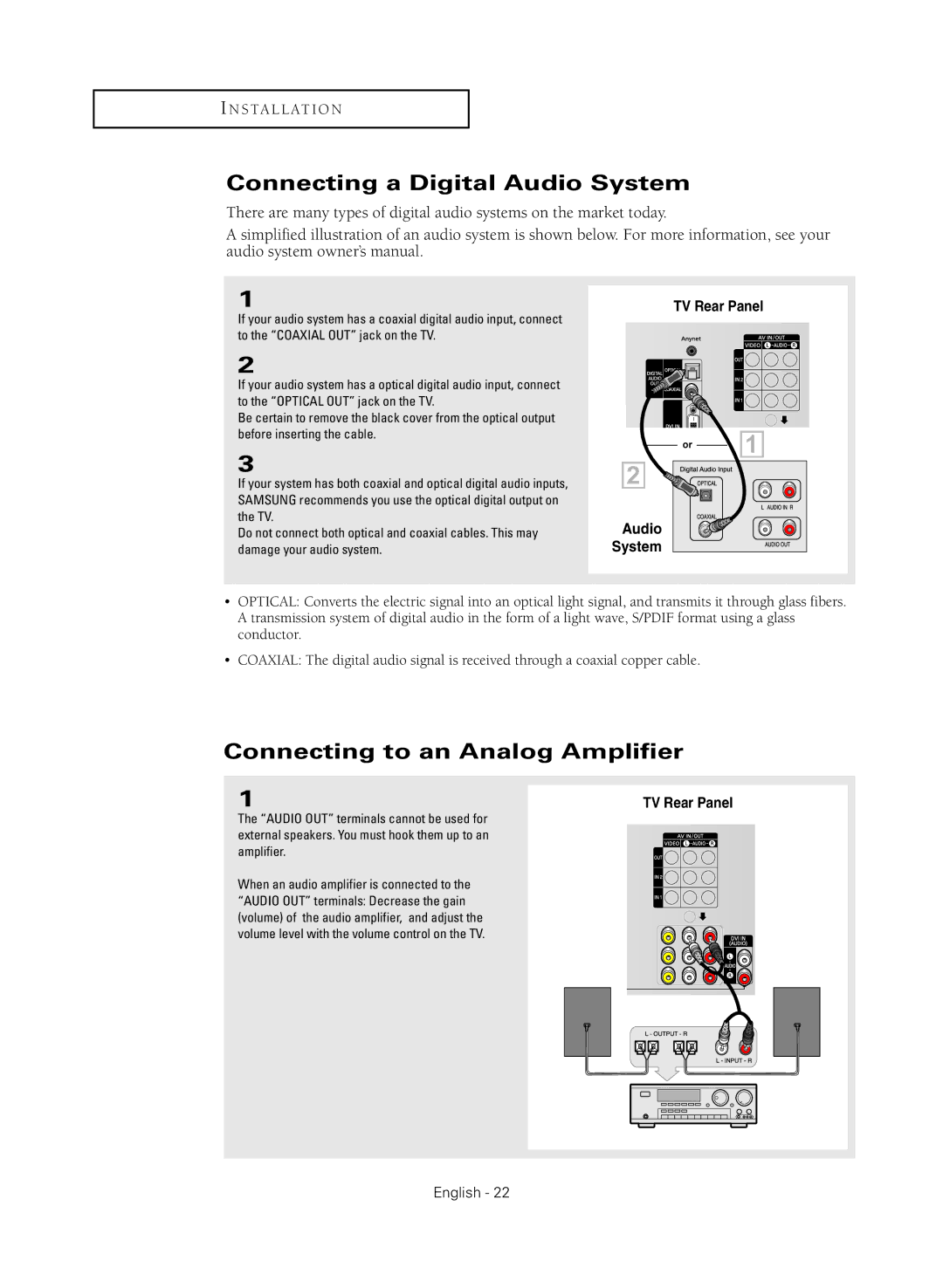 Samsung HC-R4245W manual Connecting a Digital Audio System, Connecting to an Analog Amplifier 