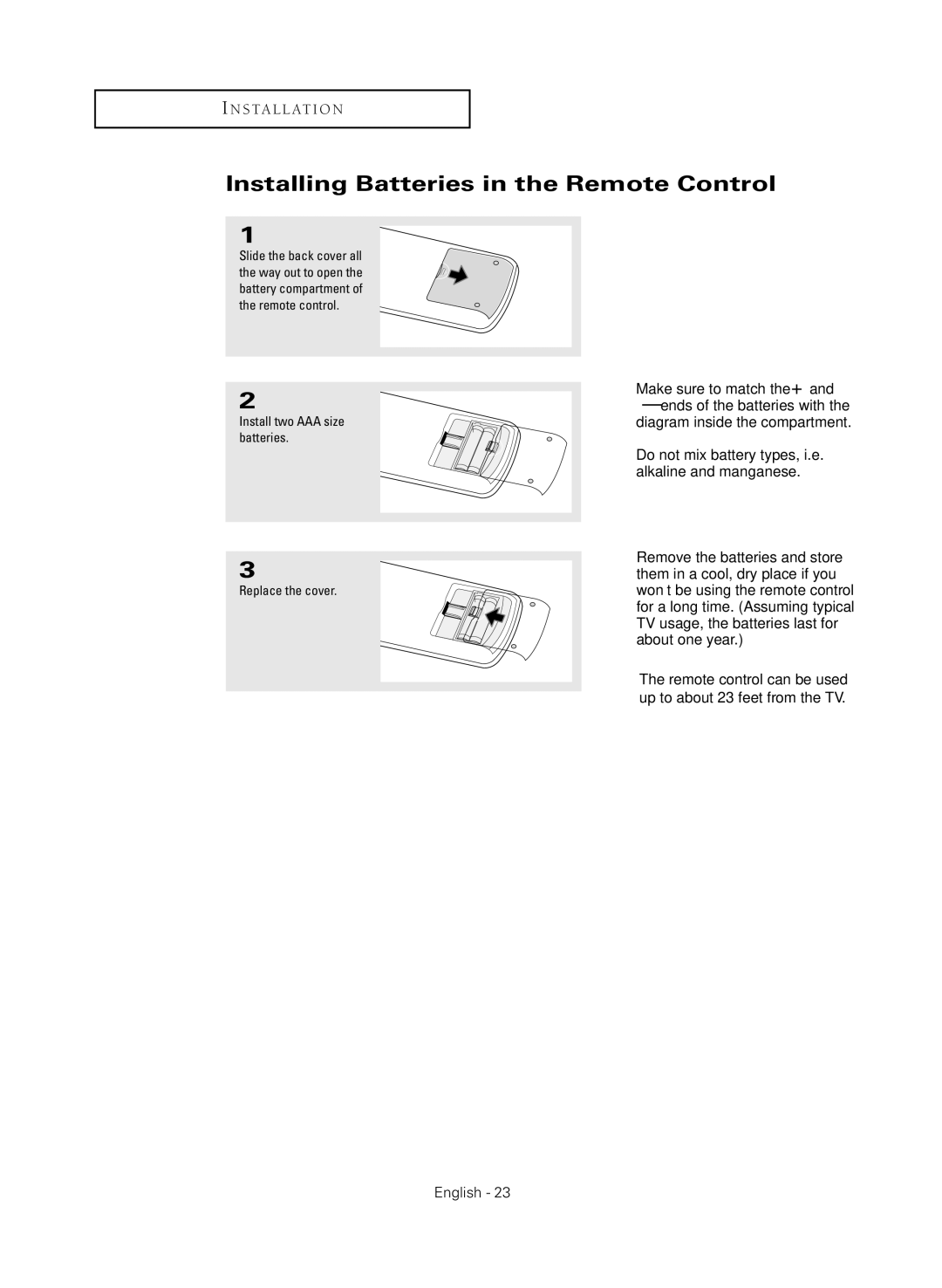 Samsung HC-R4245W manual Installing Batteries in the Remote Control, Install two AAA size batteries Replace the cover 