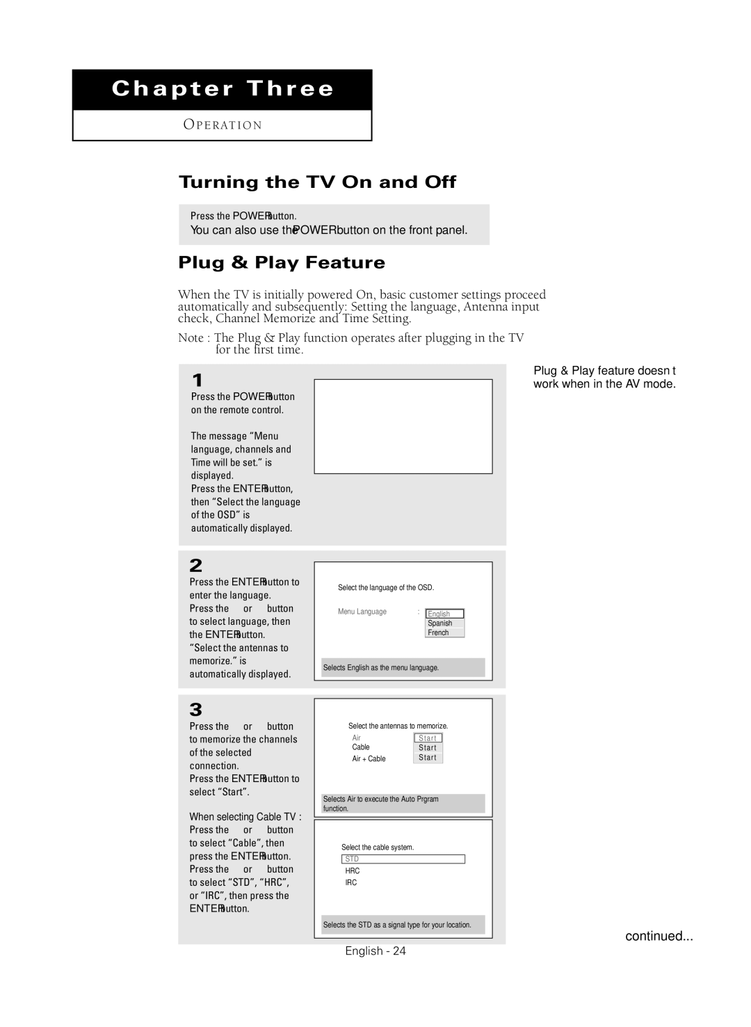 Samsung HC-R4245W manual Turning the TV On and Off, Plug & Play Feature, Press the Power button 