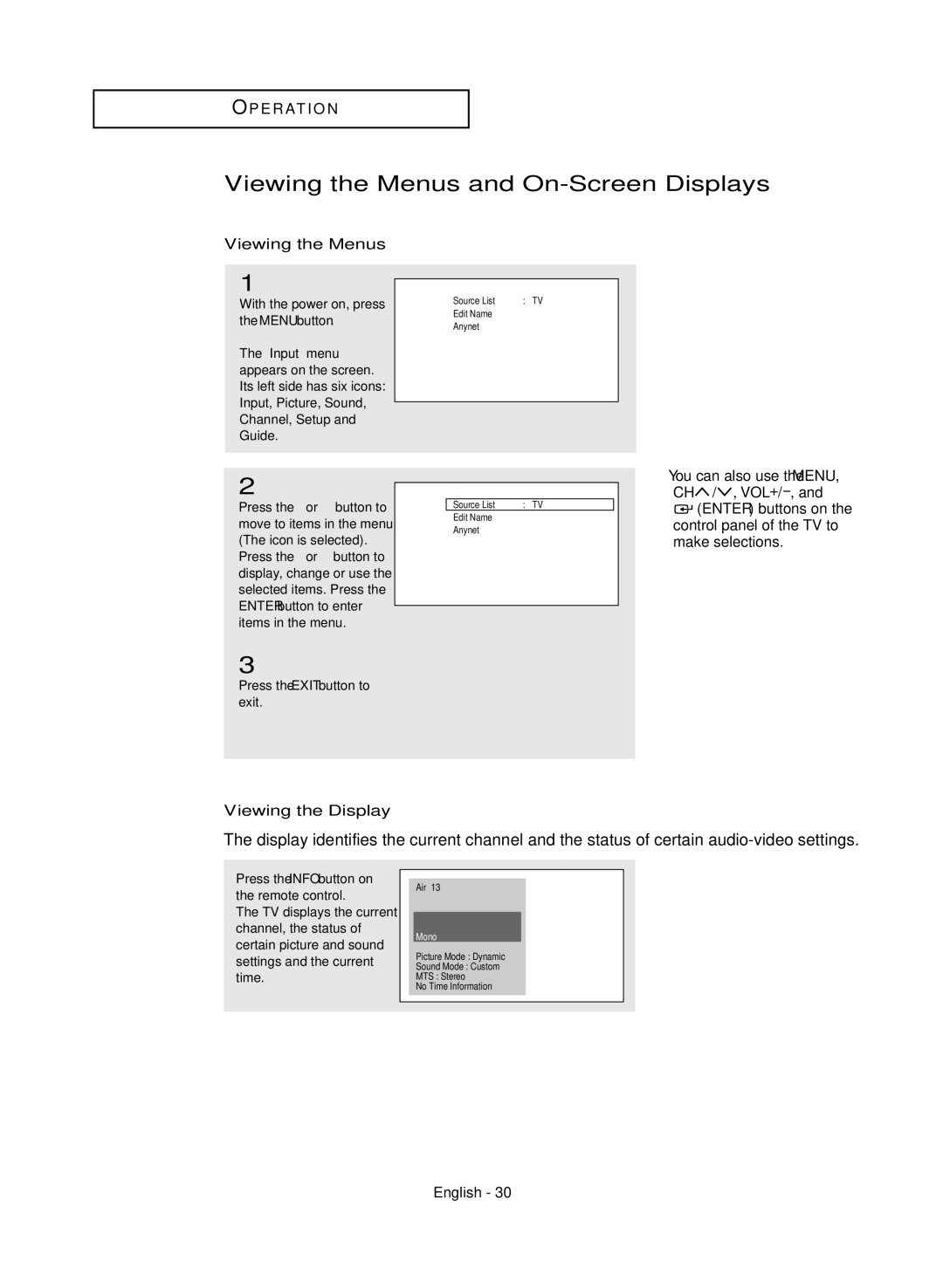 Samsung HC-R4245W manual Viewing the Menus and On-Screen Displays, Viewing the Display, Input 