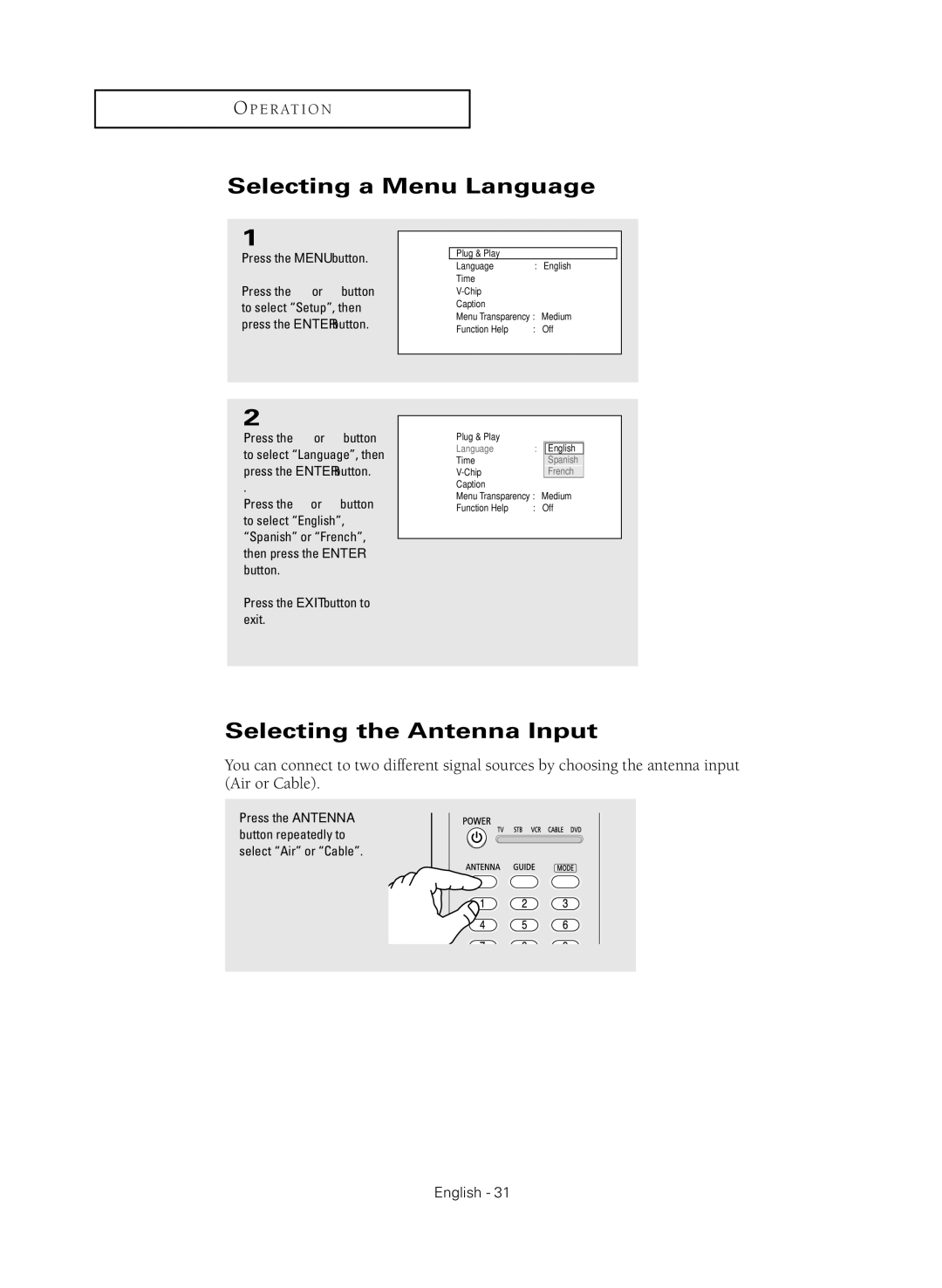 Samsung HC-R4245W manual Selecting a Menu Language, Selecting the Antenna Input, Setup 