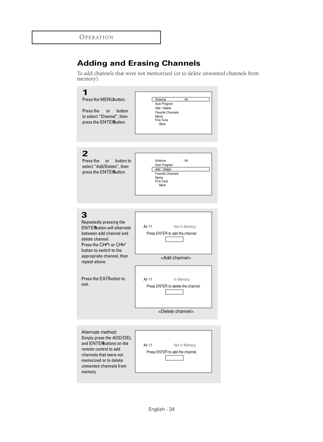 Samsung HC-R4245W manual Adding and Erasing Channels, Add / Delete, Air 