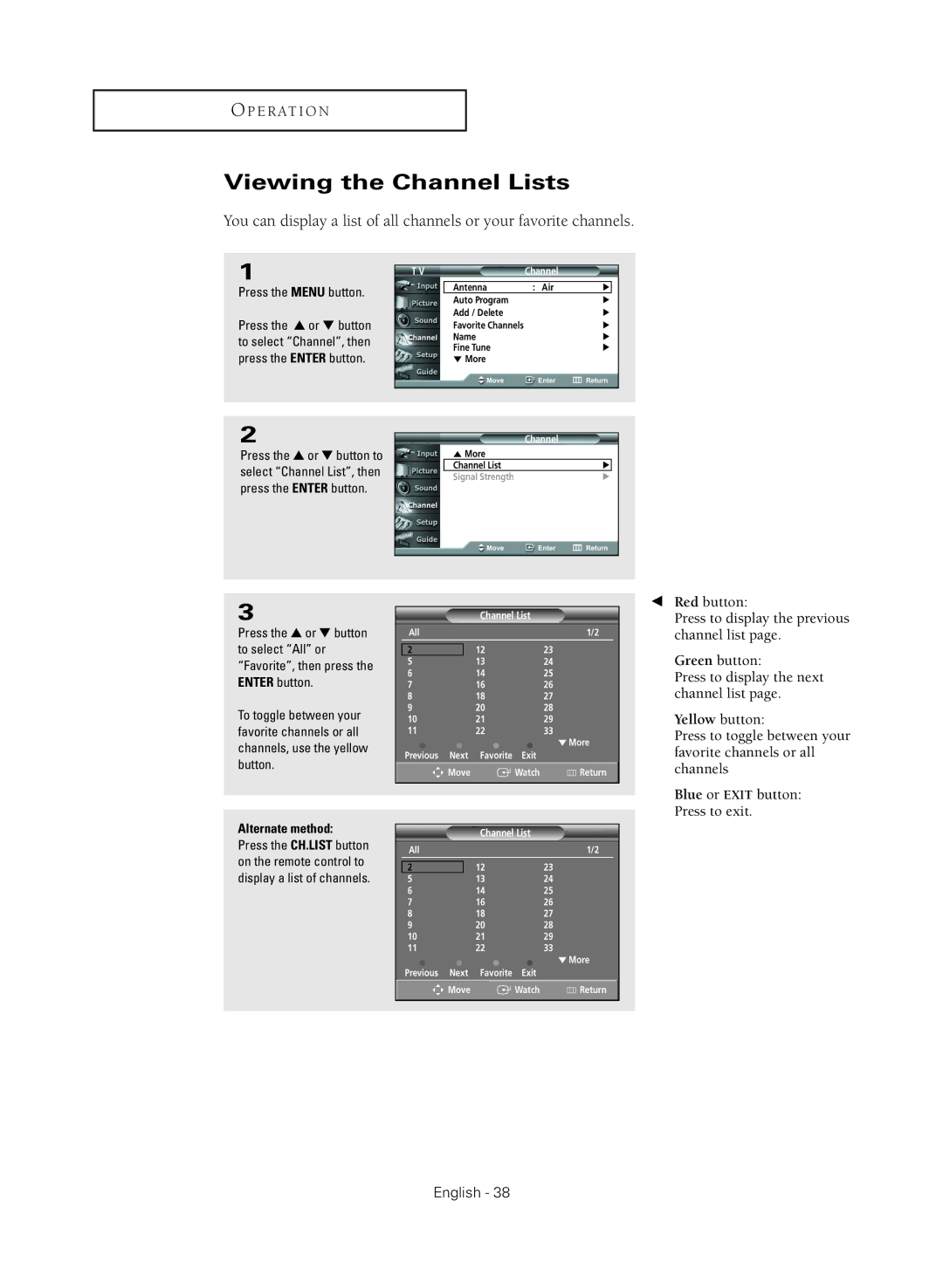 Samsung HC-R4245W manual Viewing the Channel Lists 