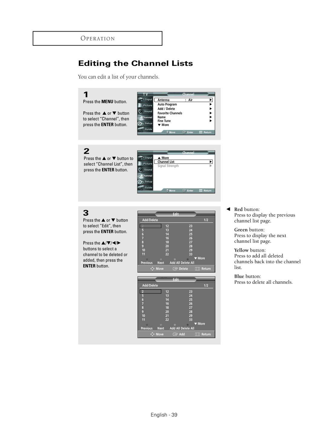 Samsung HC-R4245W manual Editing the Channel Lists 