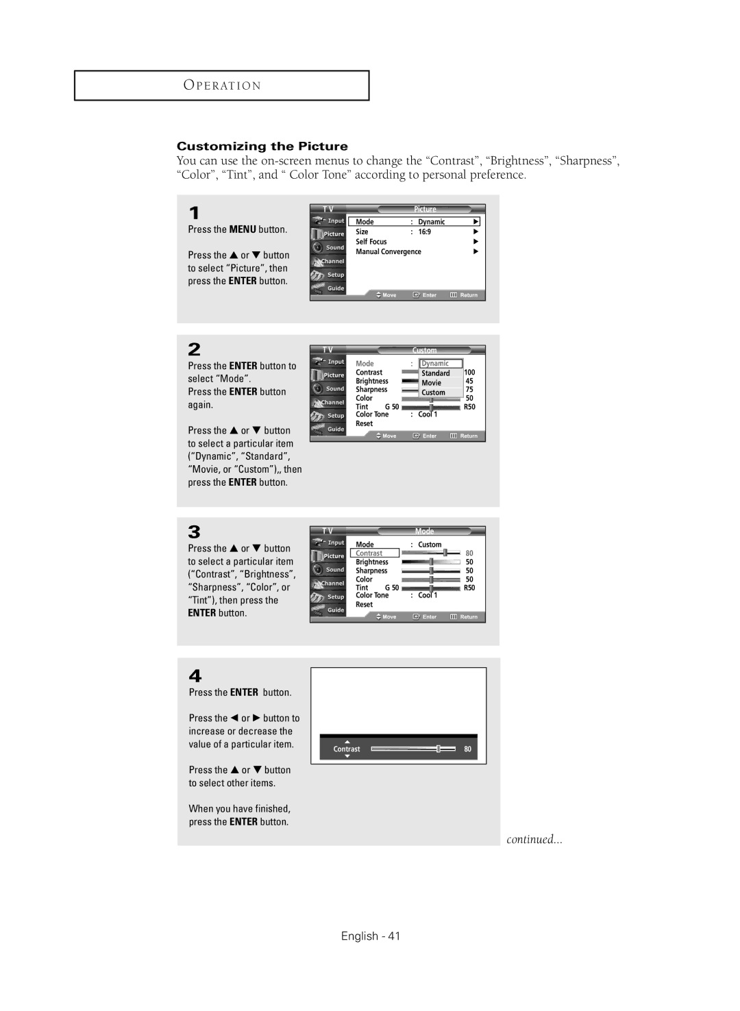 Samsung HC-R4245W manual Customizing the Picture, Press the Enter button, Mode 