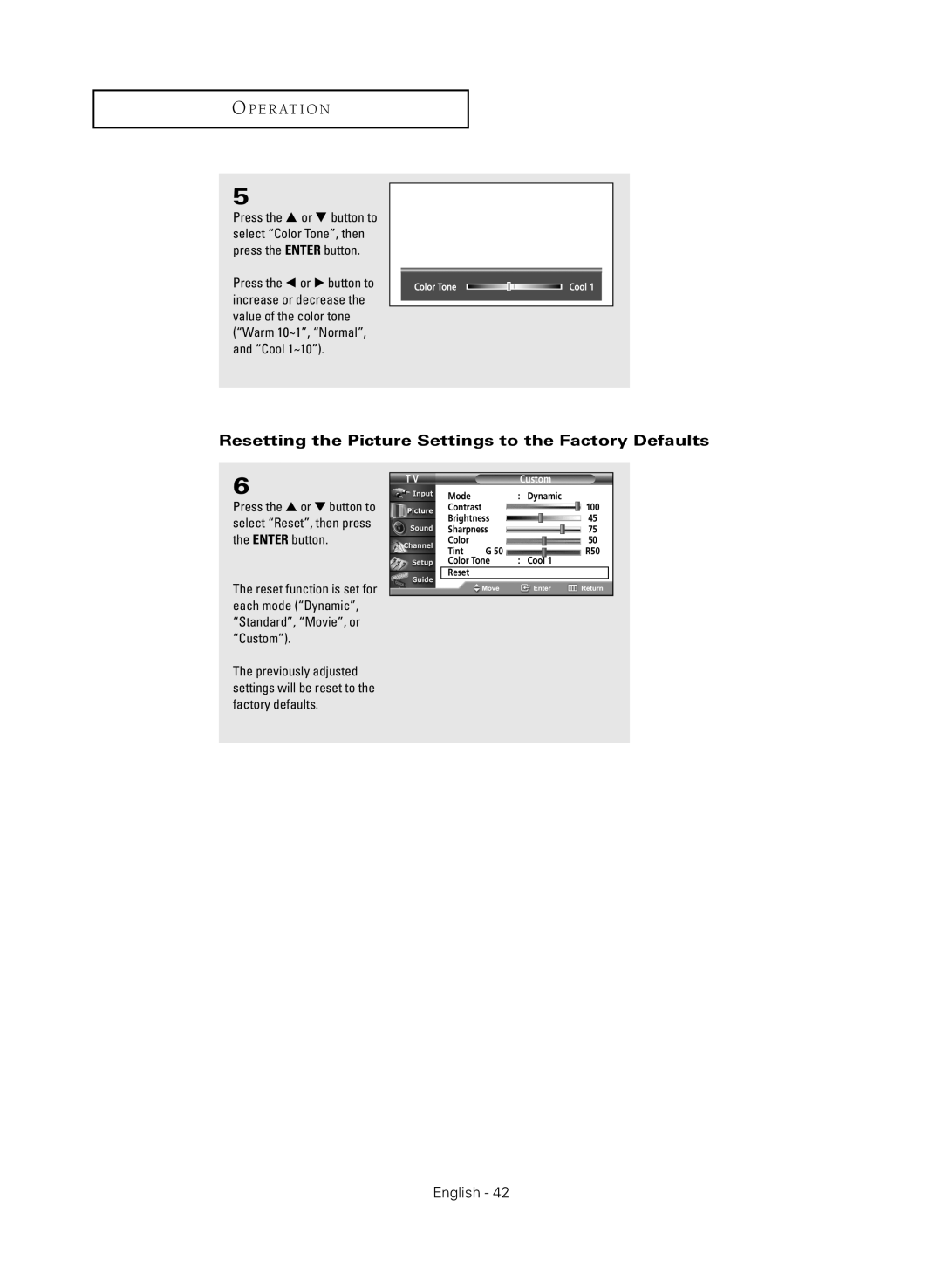 Samsung HC-R4245W manual Resetting the Picture Settings to the Factory Defaults 