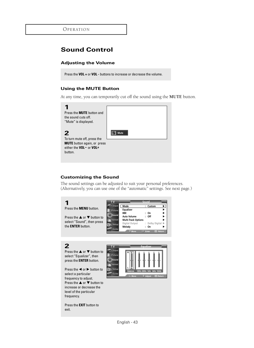 Samsung HC-R4245W manual Sound Control, Adjusting the Volume, Using the Mute Button, Customizing the Sound 