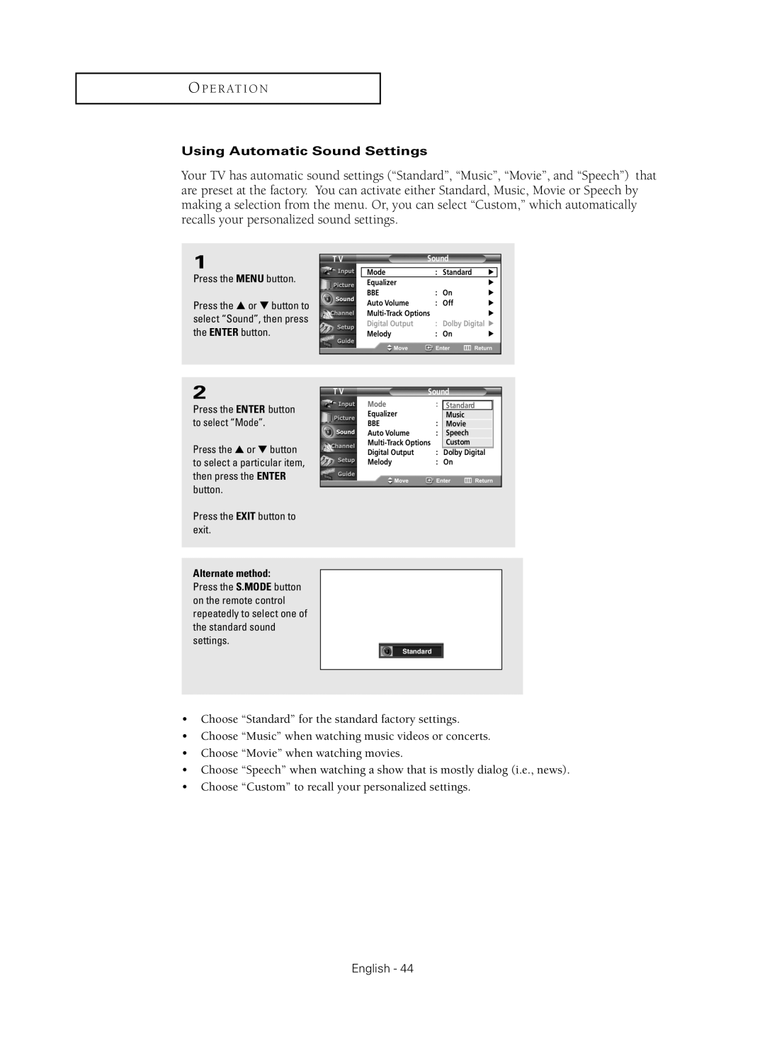 Samsung HC-R4245W manual Using Automatic Sound Settings 