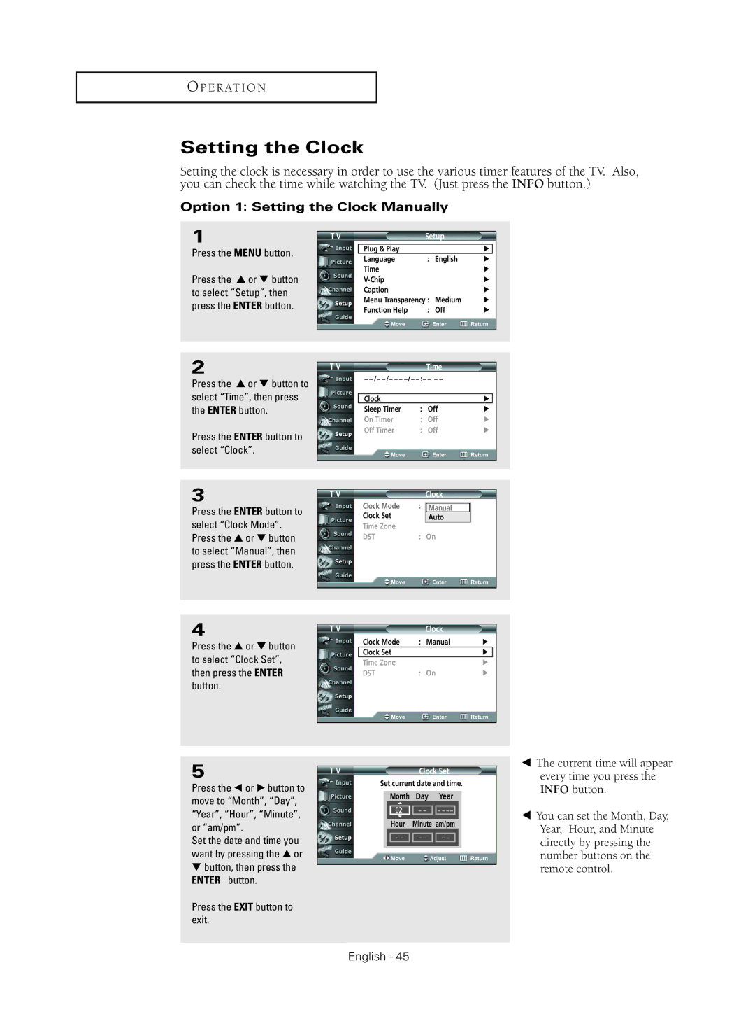 Samsung HC-R4245W manual Option 1 Setting the Clock Manually, Time, Clock Set 