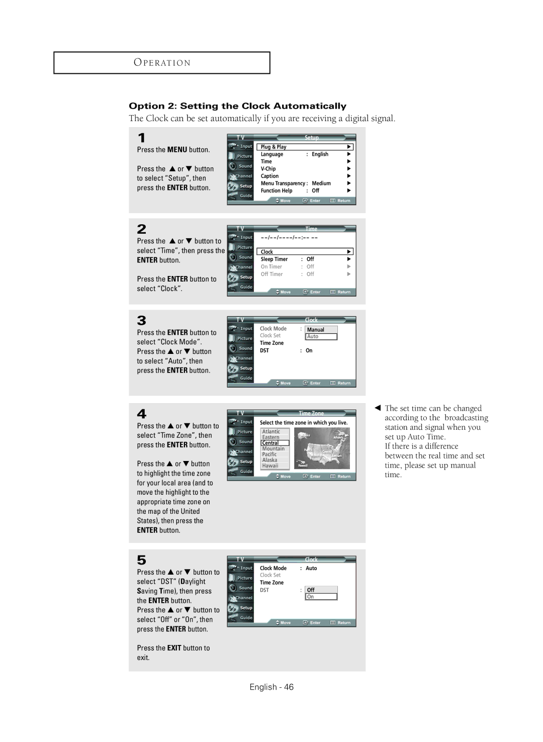 Samsung HC-R4245W manual Option 2 Setting the Clock Automatically, Time Zone 