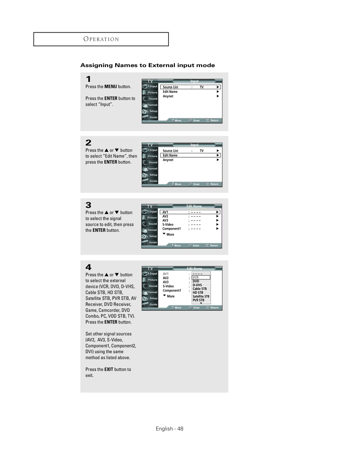 Samsung HC-R4245W manual Assigning Names to External input mode, Edit Name 