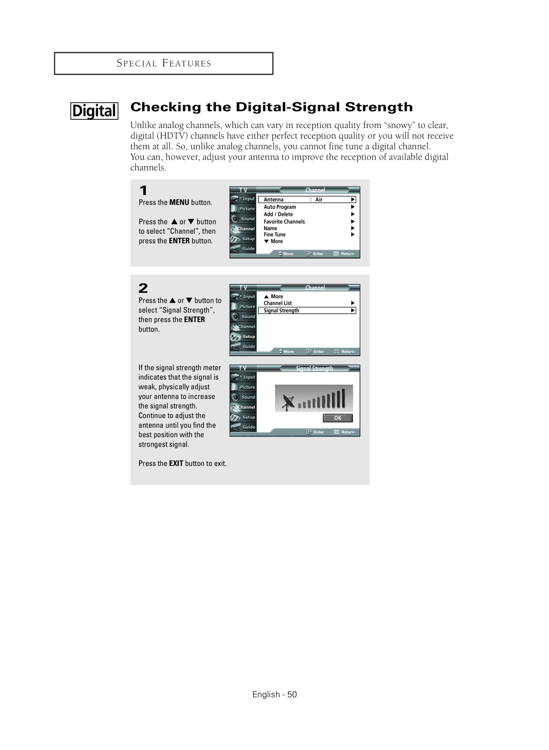 Samsung HC-R4245W manual Checking the Digital-Signal Strength 