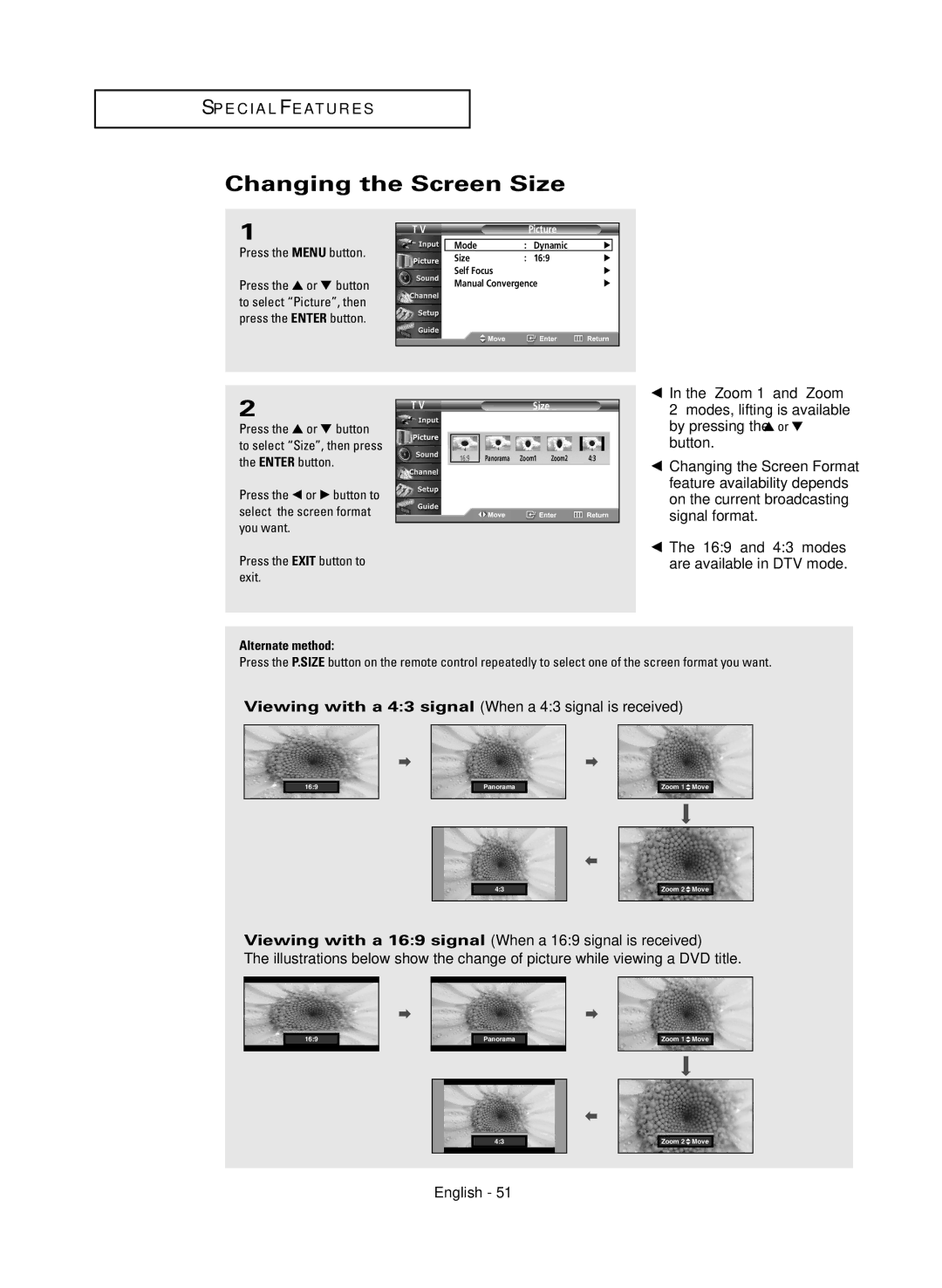 Samsung HC-R4245W manual Changing the Screen Size 