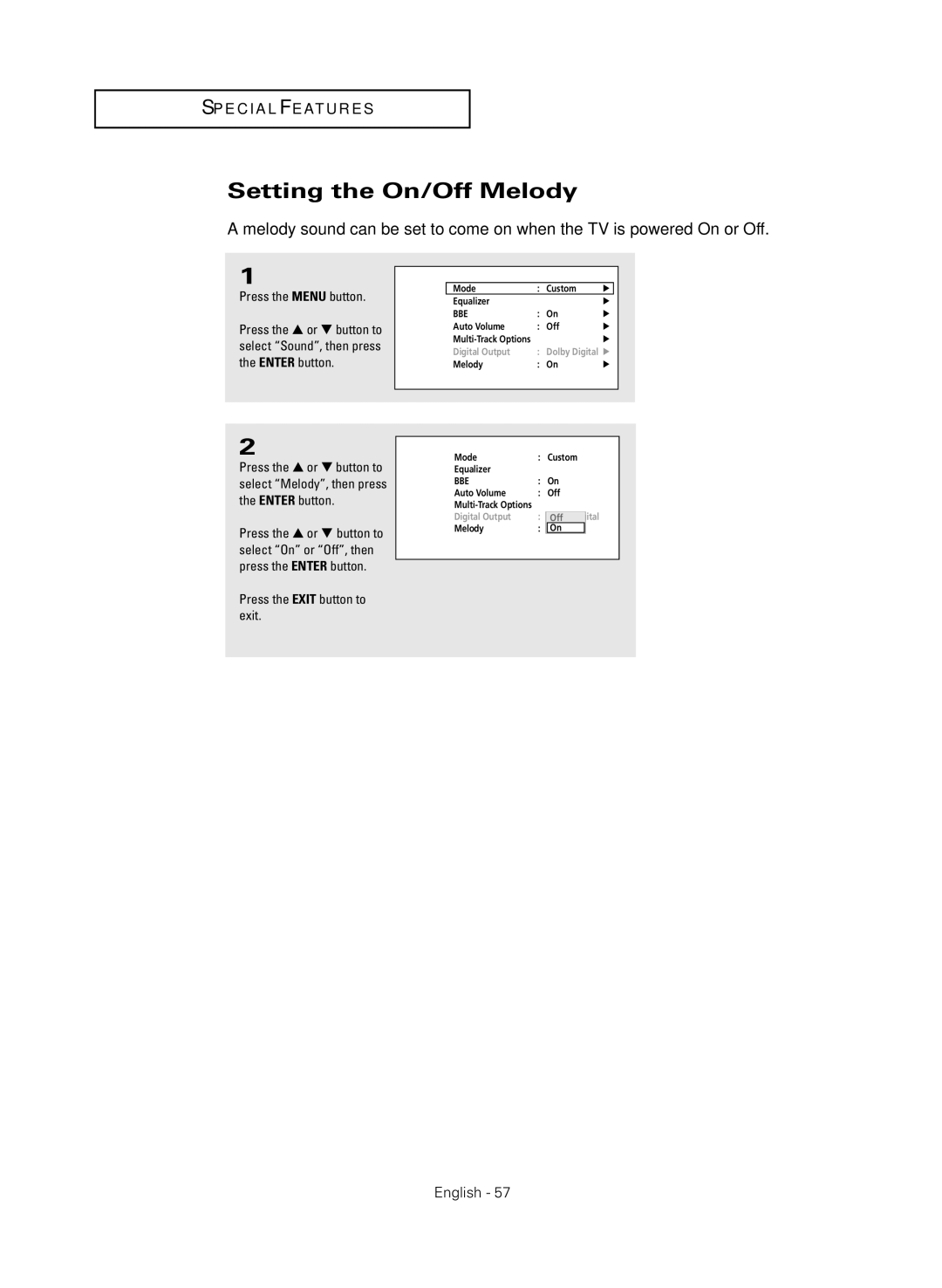 Samsung HC-R4245W manual Setting the On/Off Melody 