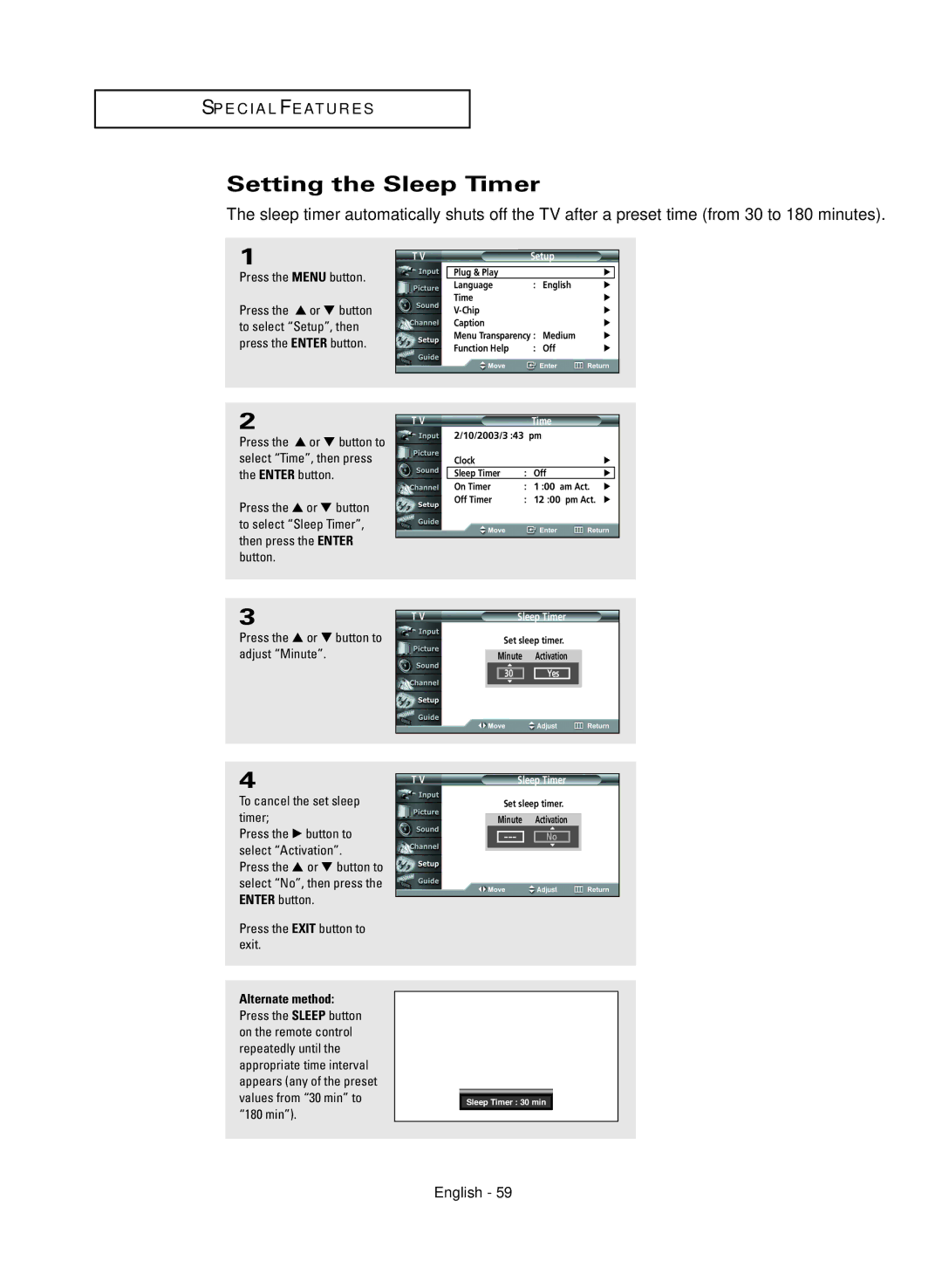 Samsung HC-R4245W manual Setting the Sleep Timer, Press the … or † button to adjust Minute, To cancel the set sleep timer 