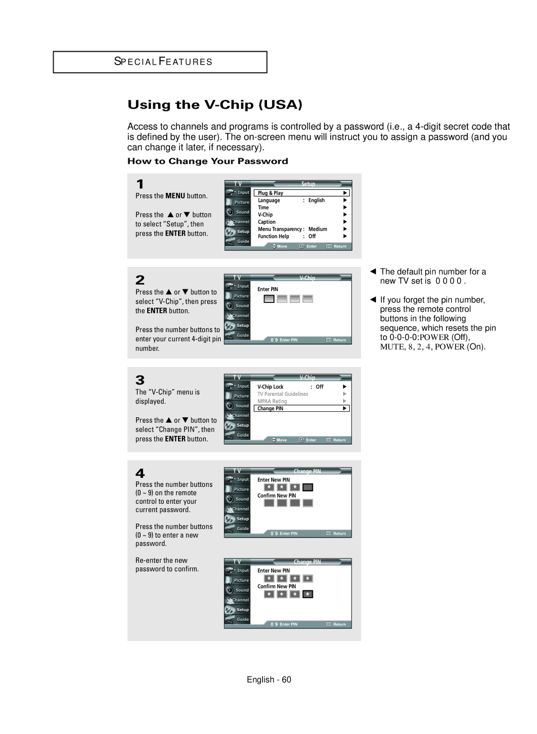 Samsung HC-R4245W manual Using the V-Chip USA, How to Change Your Password, V-Chip menu is displayed 