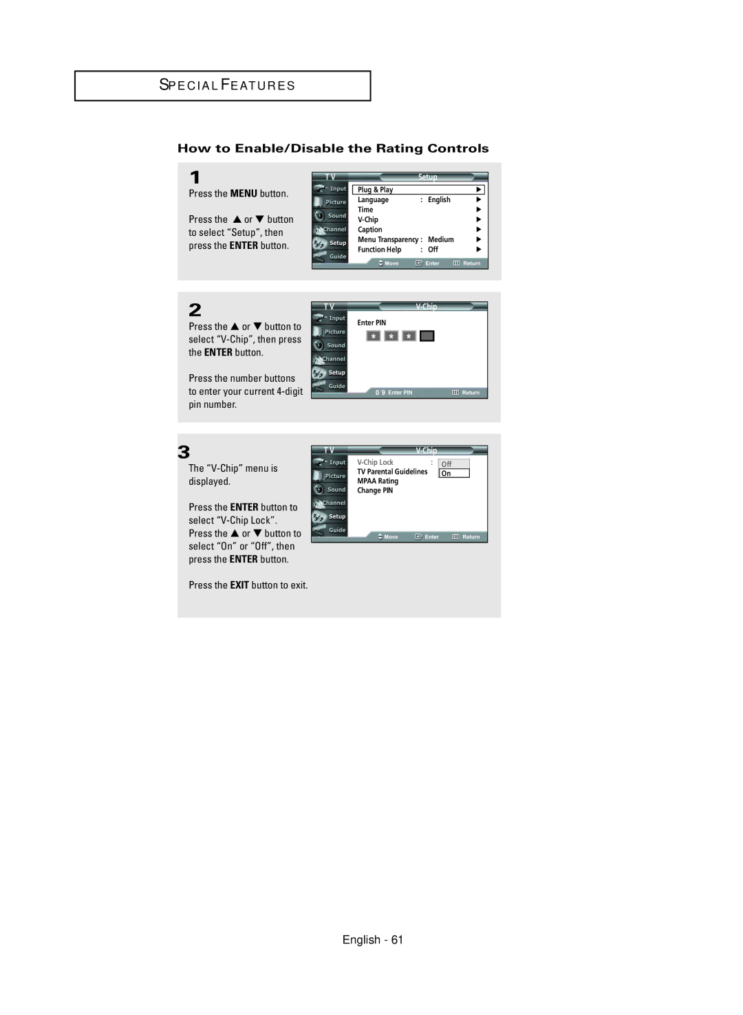 Samsung HC-R4245W manual How to Enable/Disable the Rating Controls 