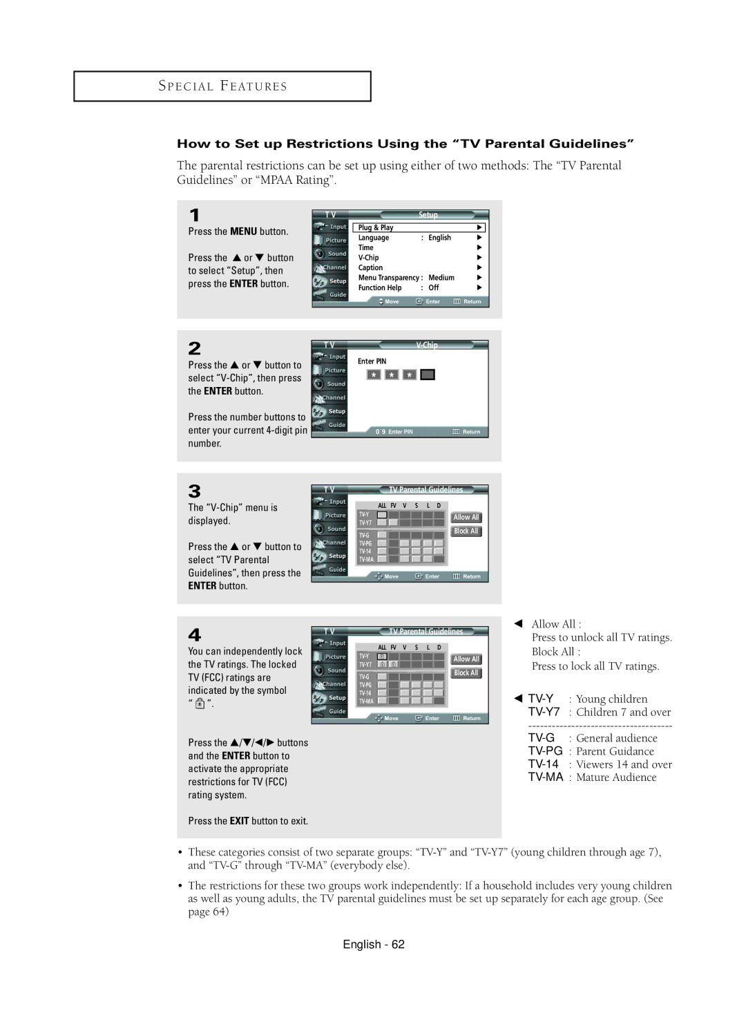 Samsung HC-R4245W manual How to Set up Restrictions Using the TV Parental Guidelines 