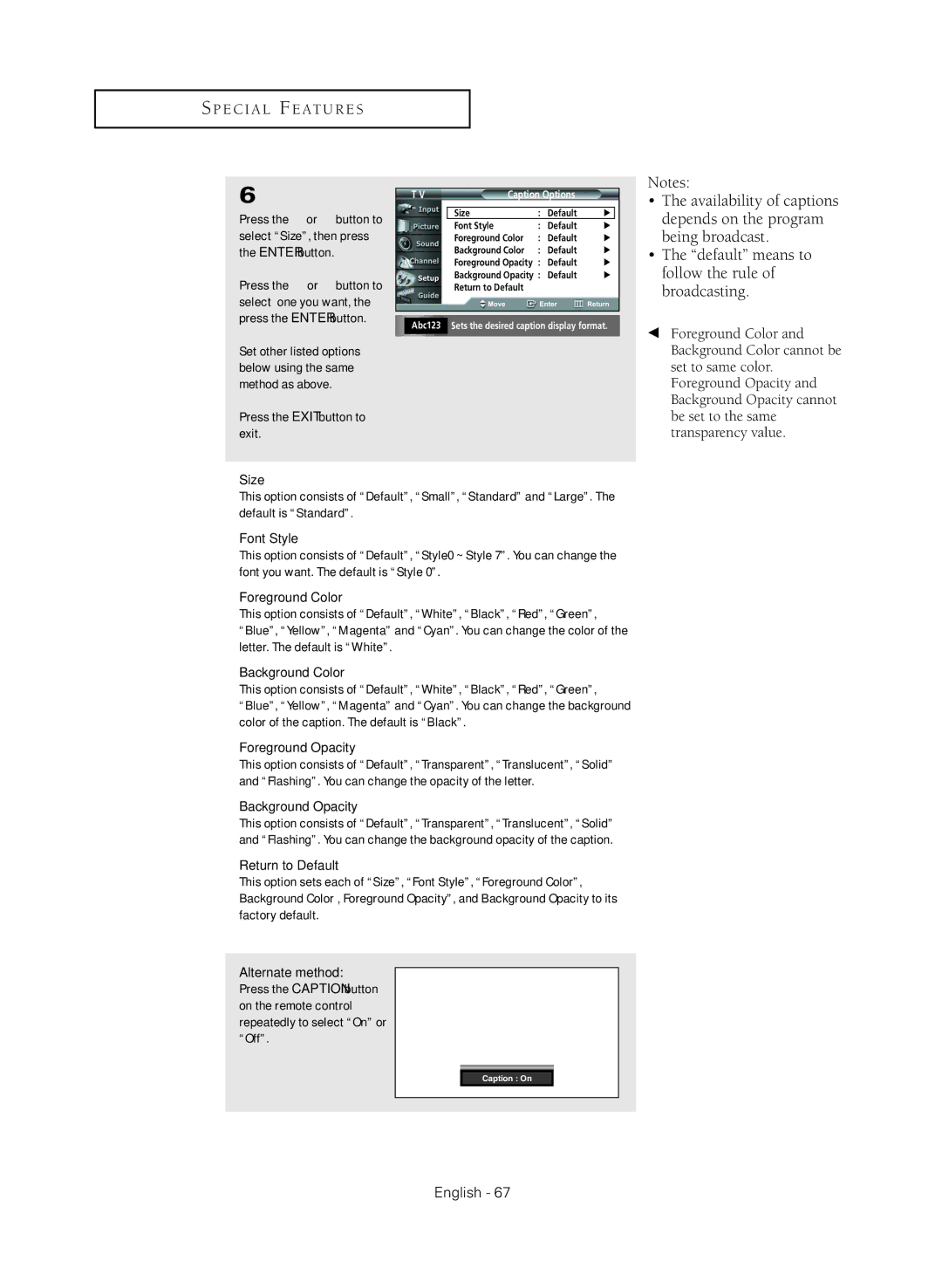 Samsung HC-R4245W manual Font Style, Caption Options 