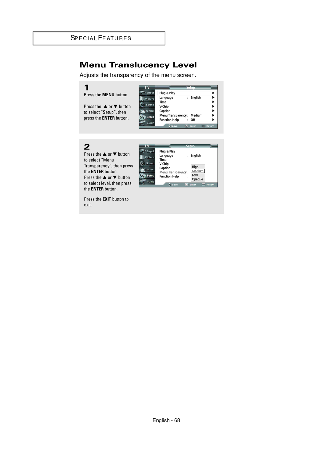 Samsung HC-R4245W manual Menu Translucency Level, Adjusts the transparency of the menu screen 