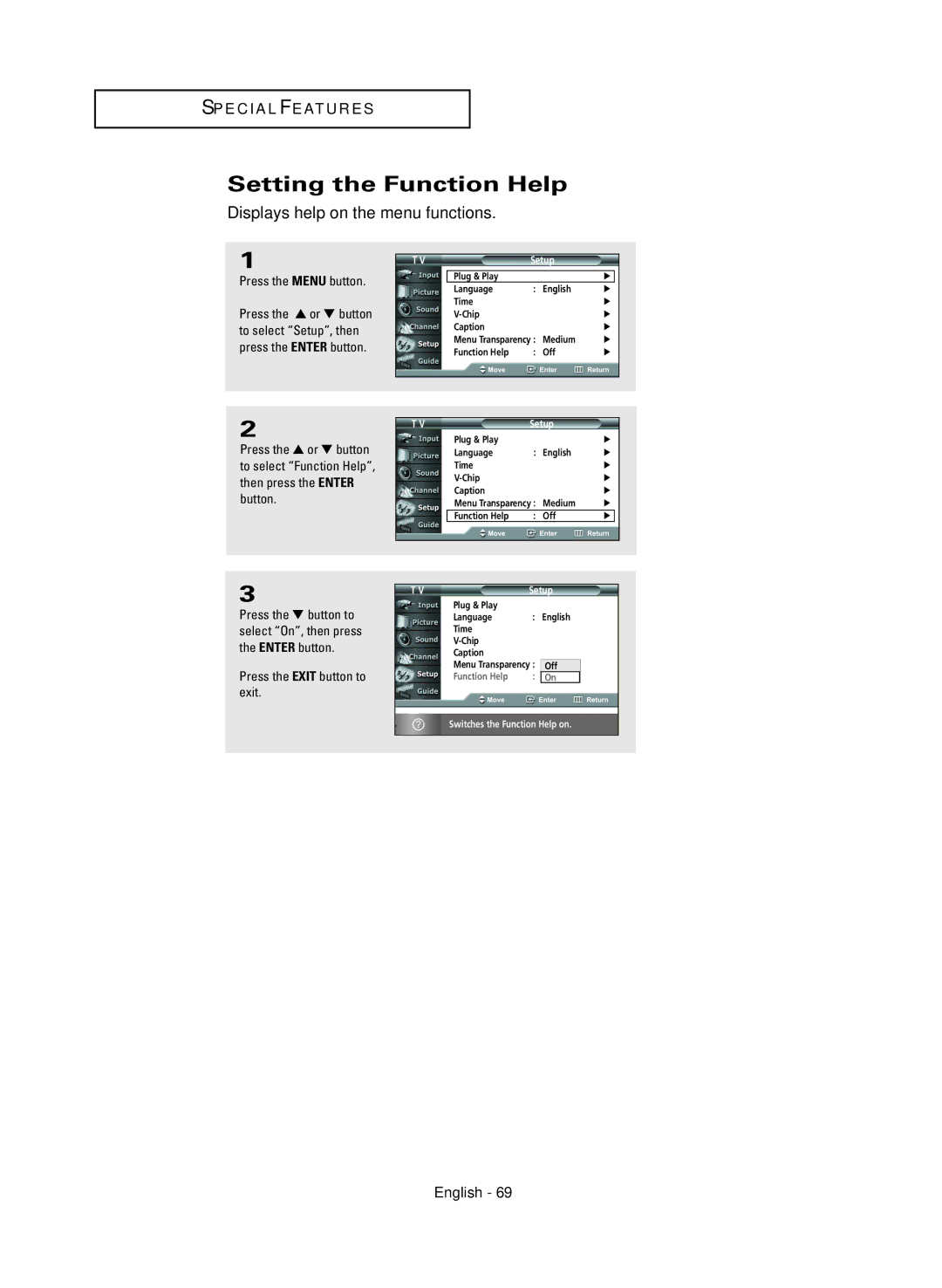 Samsung HC-R4245W manual Setting the Function Help, Displays help on the menu functions 