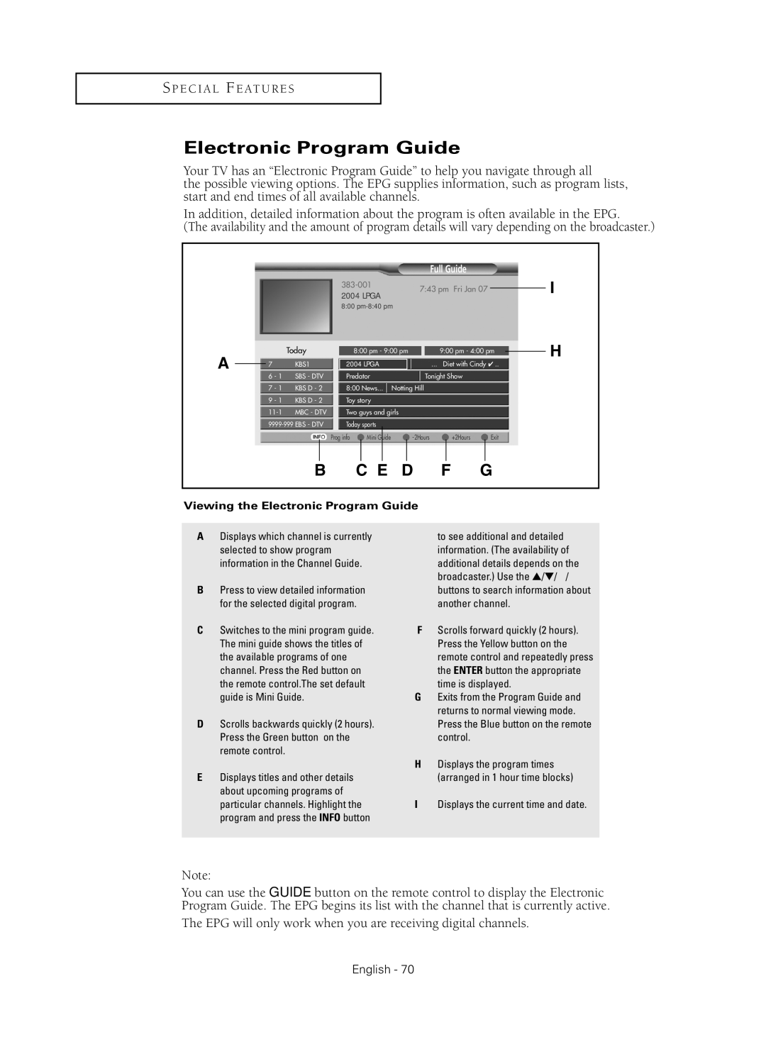 Samsung HC-R4245W manual Electronic Program Guide, Displays the current time and date 