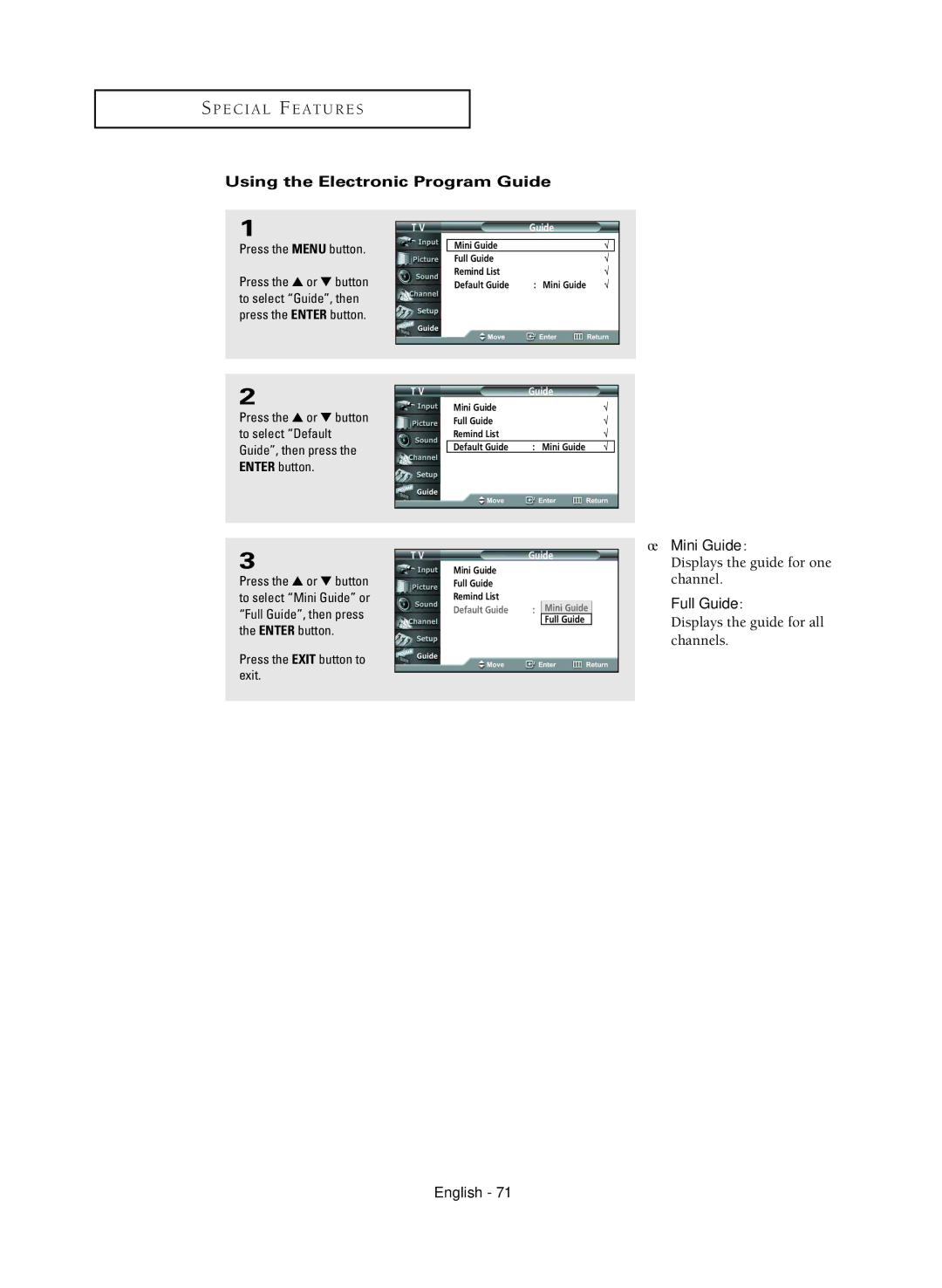 Samsung HC-R4245W Using the Electronic Program Guide, Press the or button, To select Guide, then Press the Enter button 