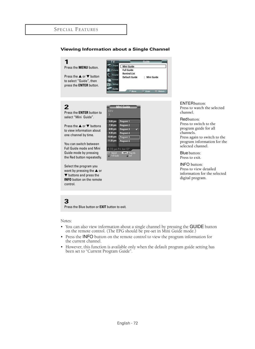 Samsung HC-R4245W Viewing Information about a Single Channel, Buttons and press the Info button on the remote control 