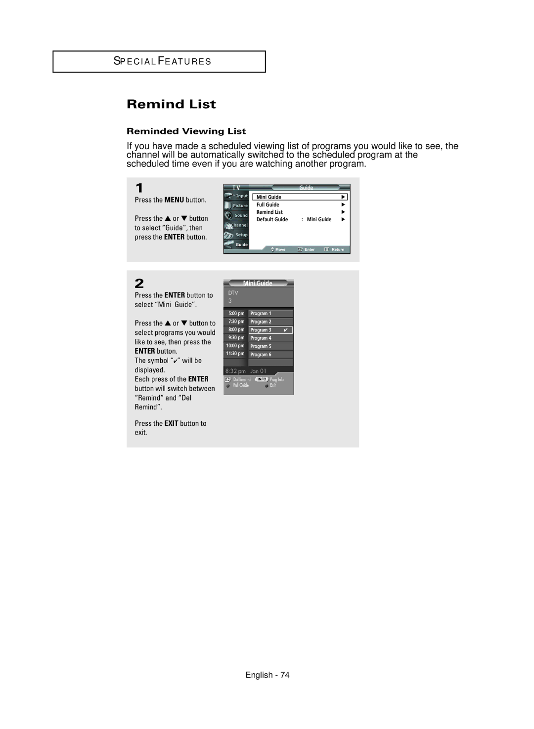 Samsung HC-R4245W manual Remind List, Reminded Viewing List, Symbol will be displayed 