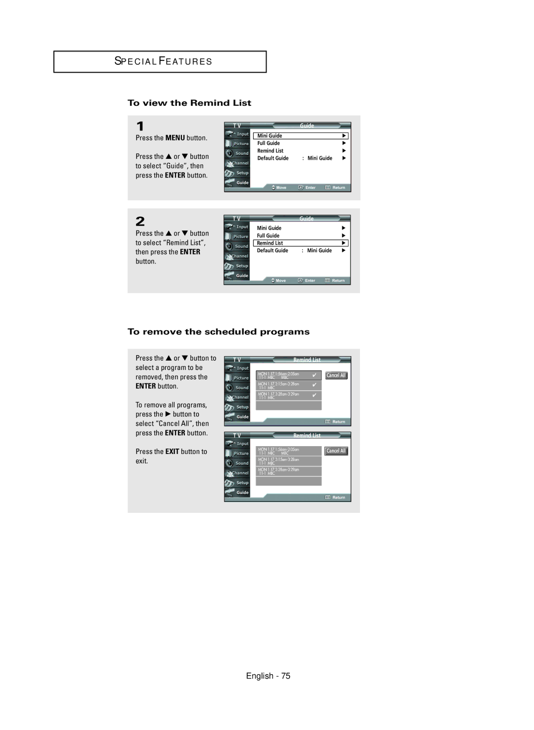 Samsung HC-R4245W manual To view the Remind List, To remove the scheduled programs 