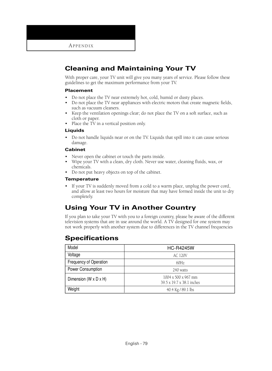 Samsung HC-R4245W manual Cleaning and Maintaining Your TV, Using Your TV in Another Country, Specifications 