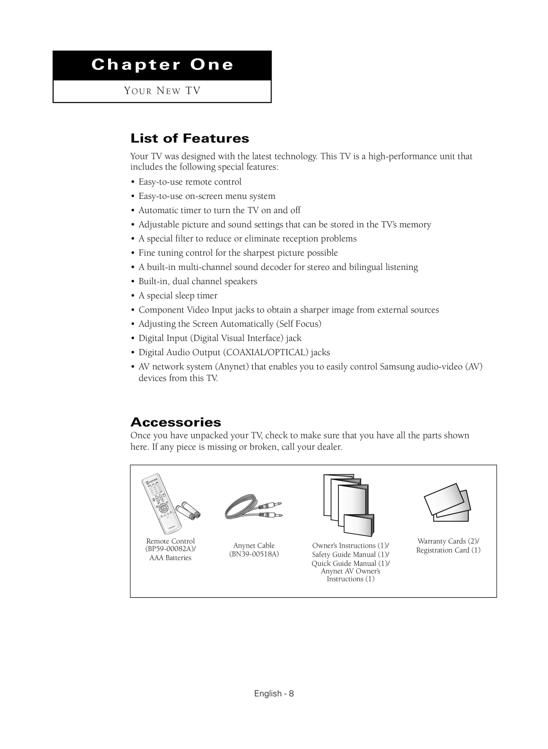 Samsung HC-R4245W manual List of Features, Accessories 