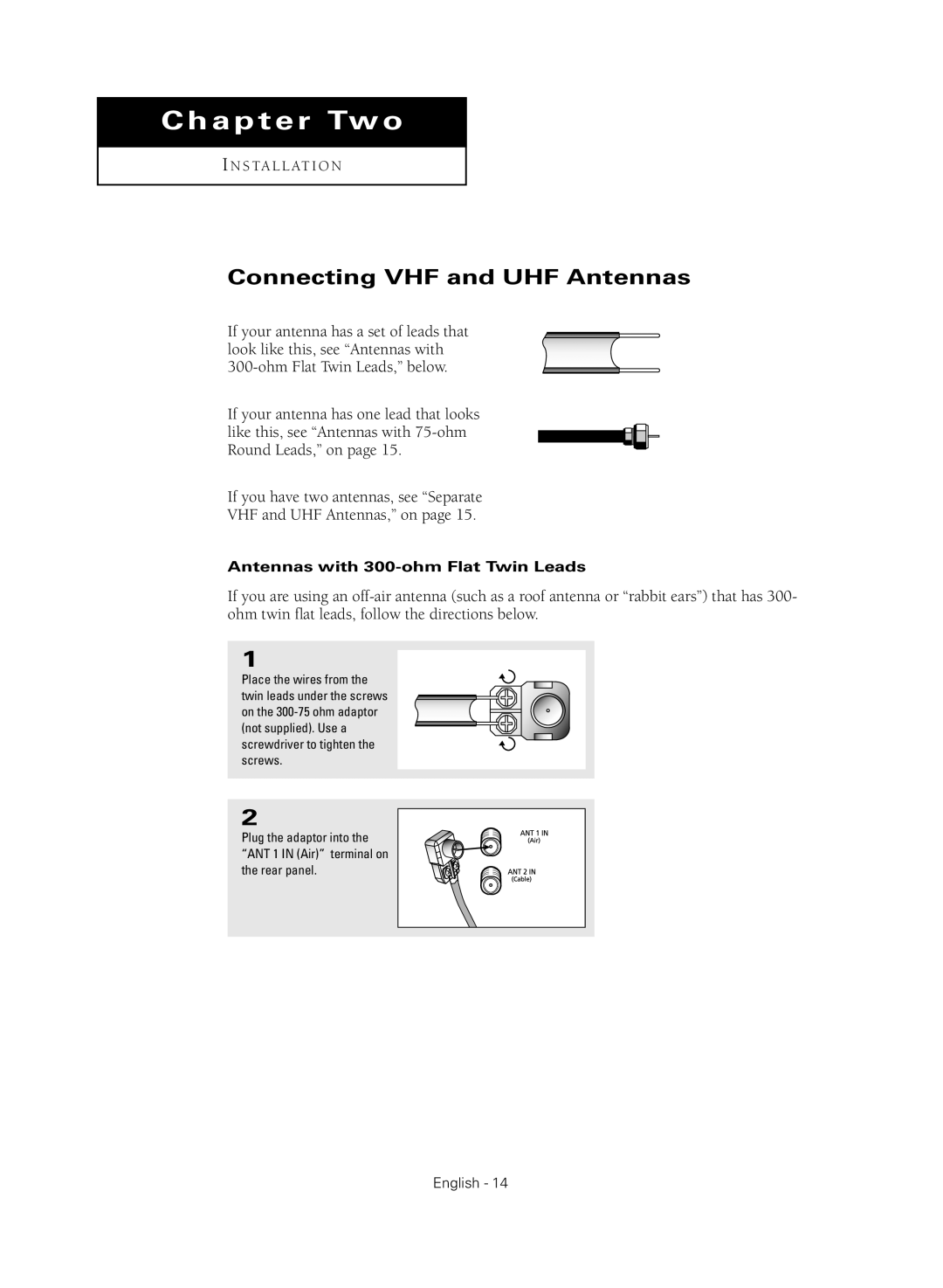 Samsung HC-R5245W, HC-R4355W, HC-R4755W, HC-R4745W Connecting VHF and UHF Antennas, Antennas with 300-ohm Flat Twin Leads 